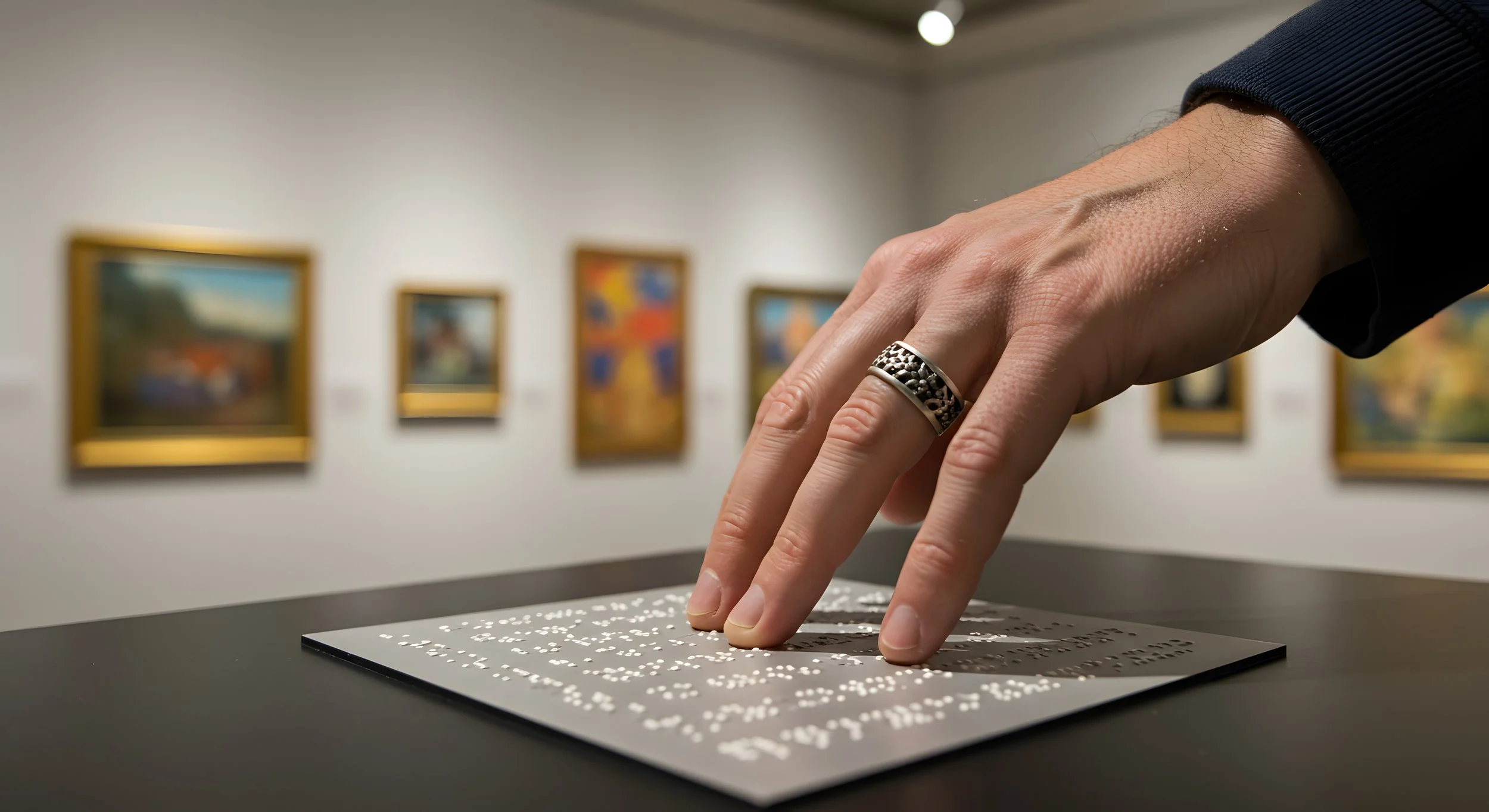 A person touching a tactile Braille book on display at an art gallery, with framed artworks hanging on the wall in the background.