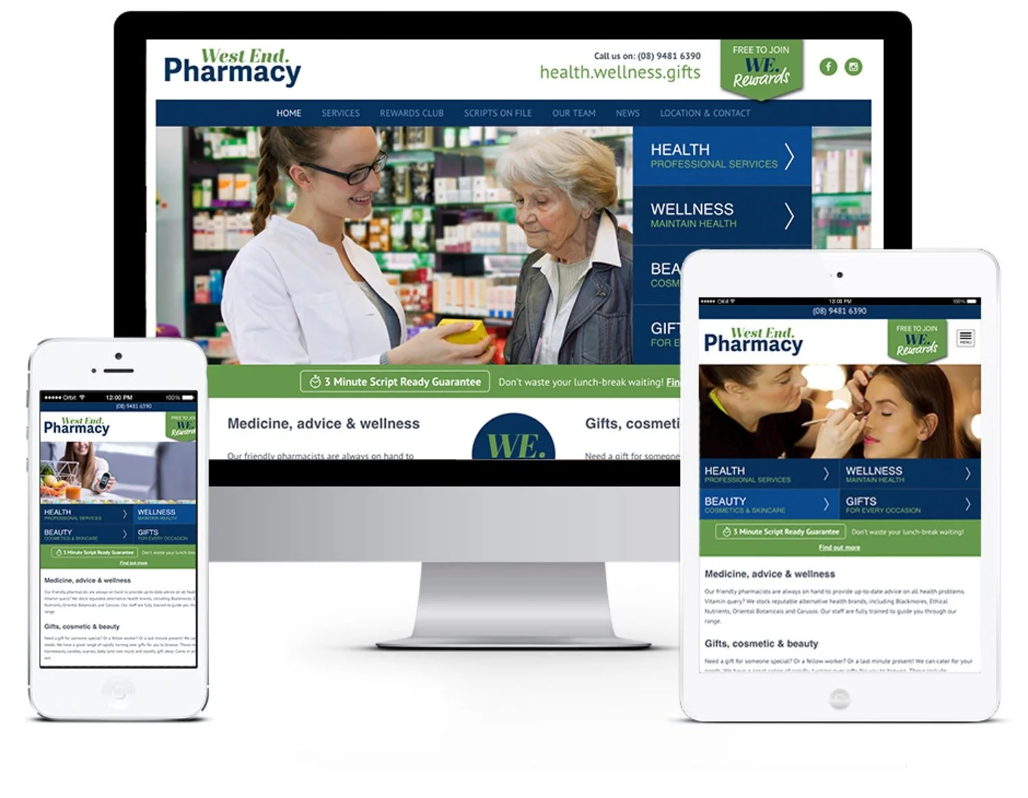 Responsive website homepage for West End Pharmacy on desktop, tablet, and mobile screens showing images of pharmacists assisting customers and navigation menu with health, wellness, beauty, and gift options.