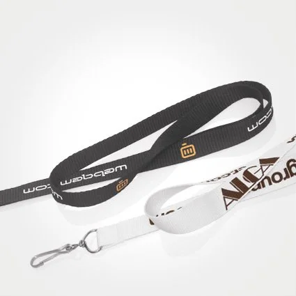 Two lanyards, one black with white lettering and one white with brown lettering, each with a metal clip at the end.