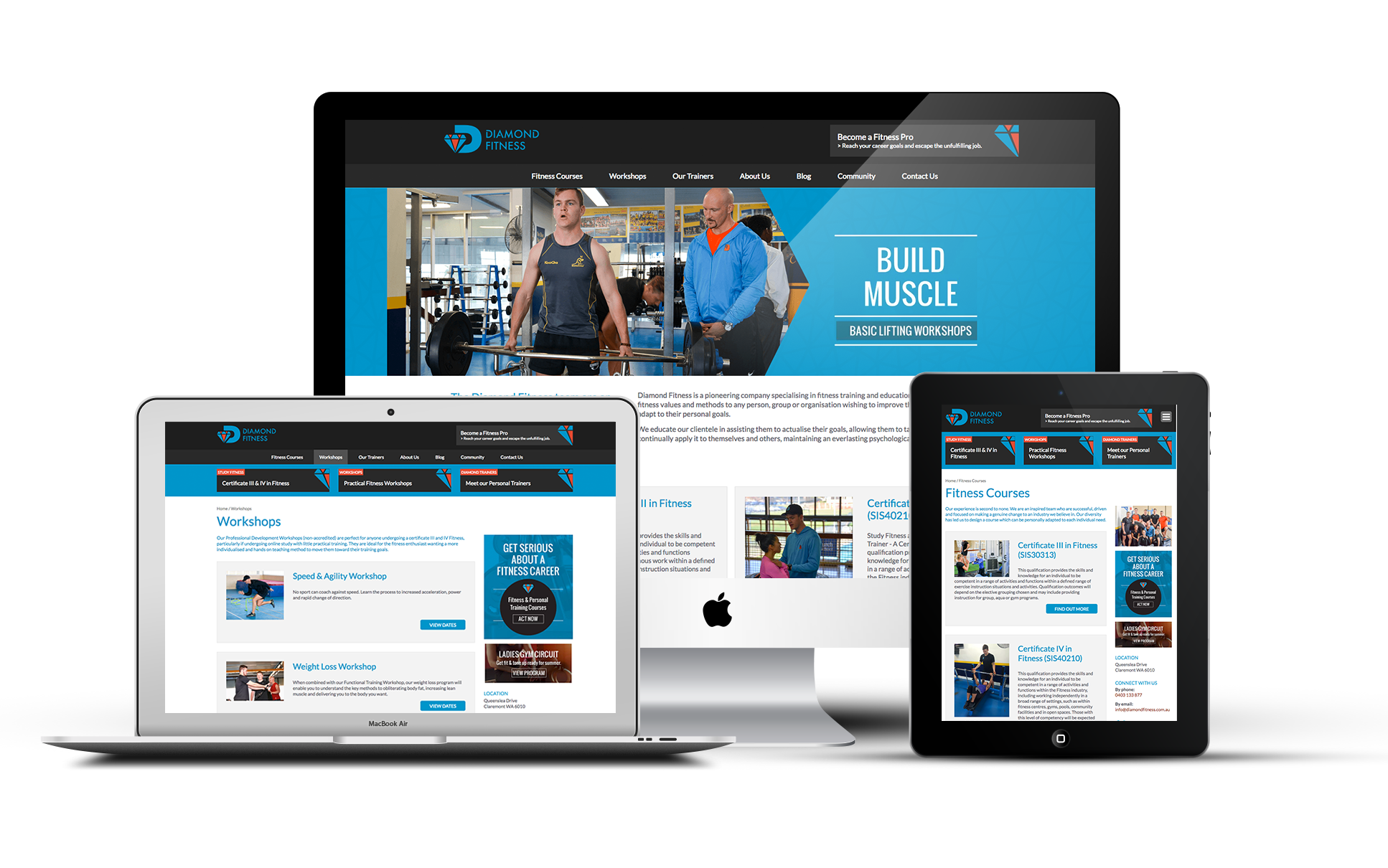 Multiple electronic devices displaying the website of Diamond Fitness, featuring images of people working out and information about fitness courses and workshops.