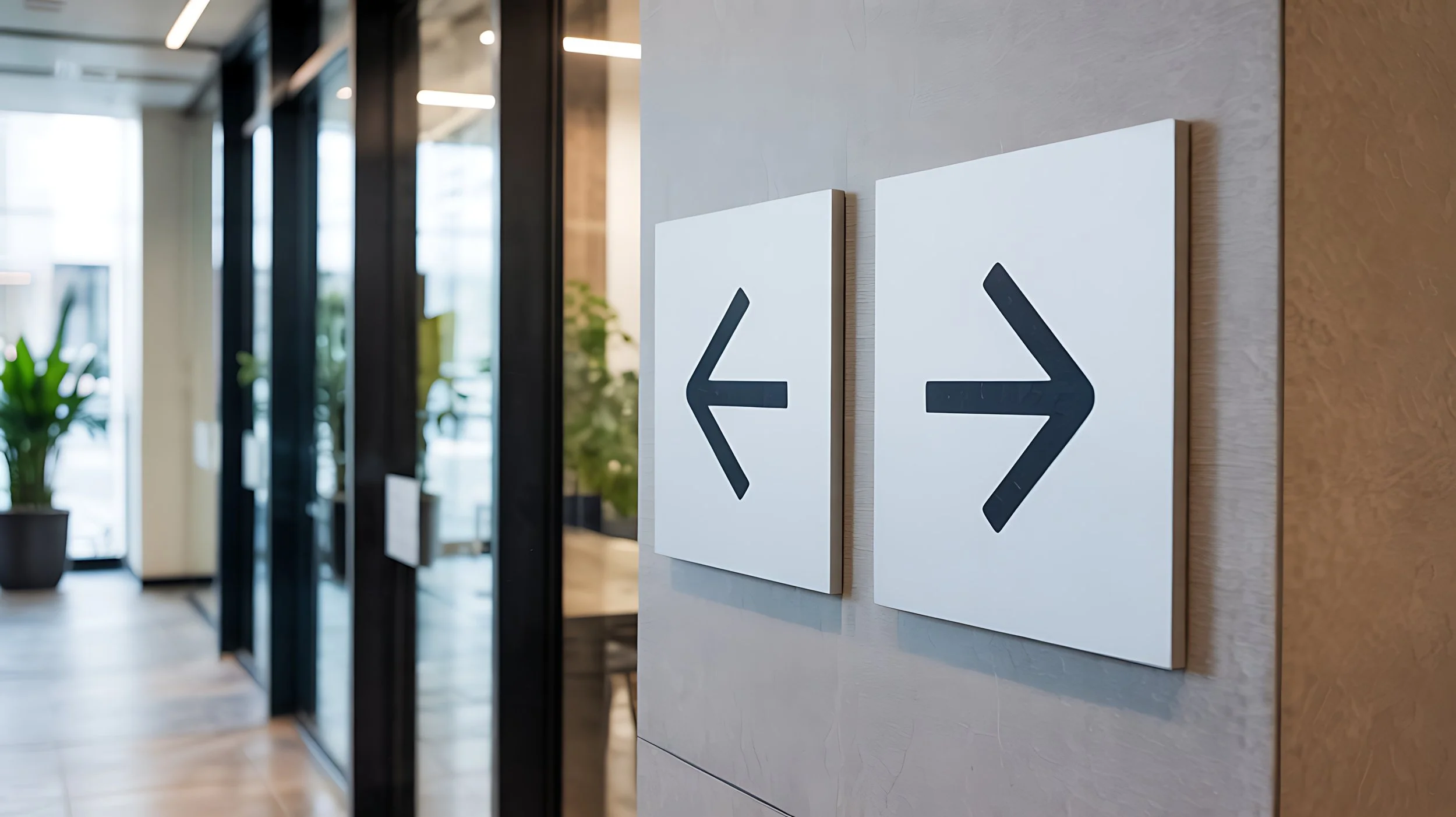Two wall signs with left and right arrows in a modern office corridor.