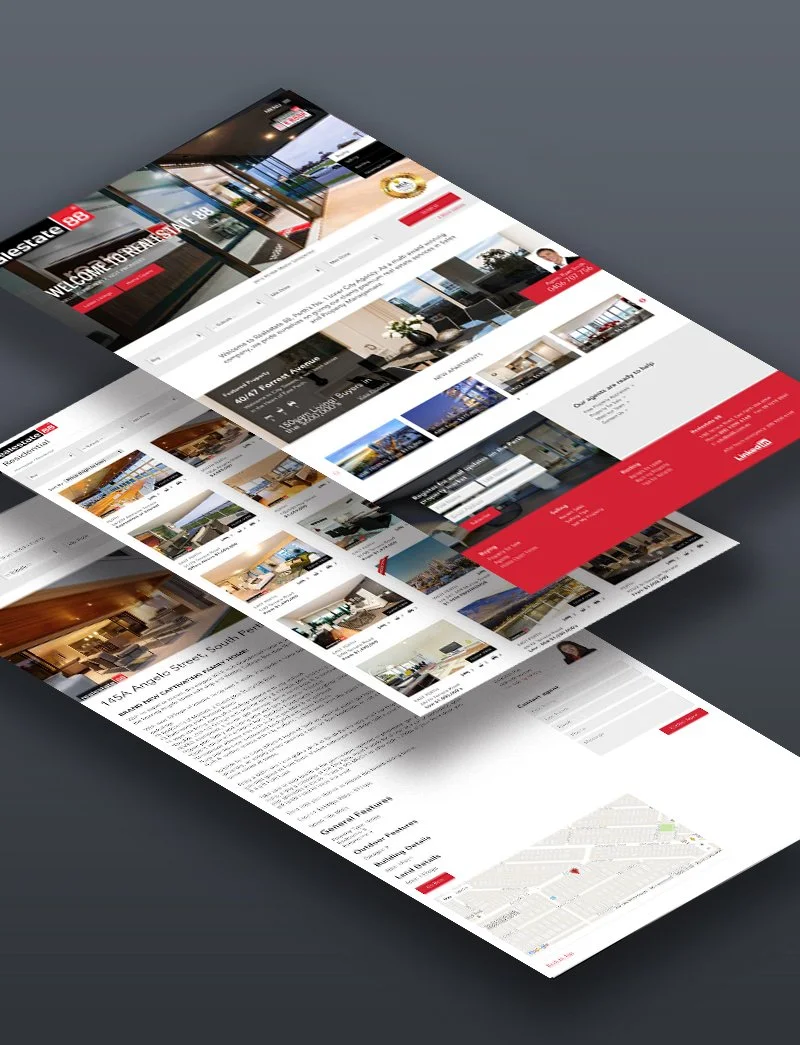 Multiple overlapping screens of a real estate website with images of properties and a map, displayed at an angle.