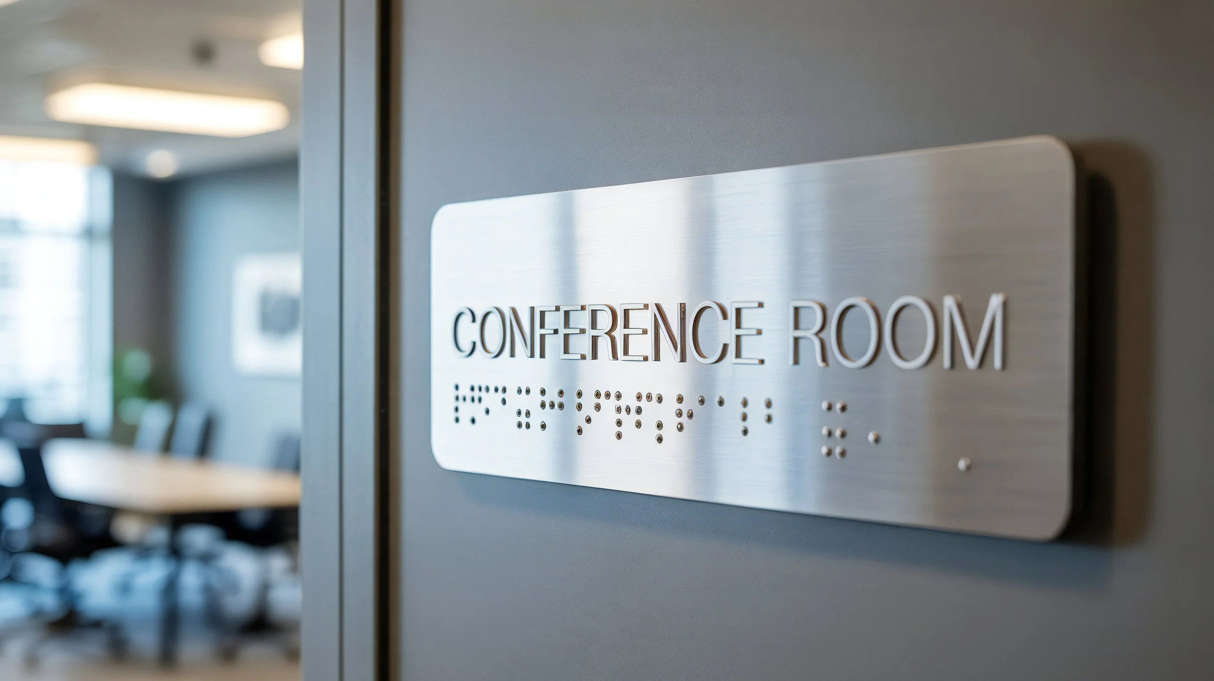 Close-up of a metallic sign on a wall that reads 'Conference Room' with Braille below it, in a modern office with a blurred conference room and chairs in the background.