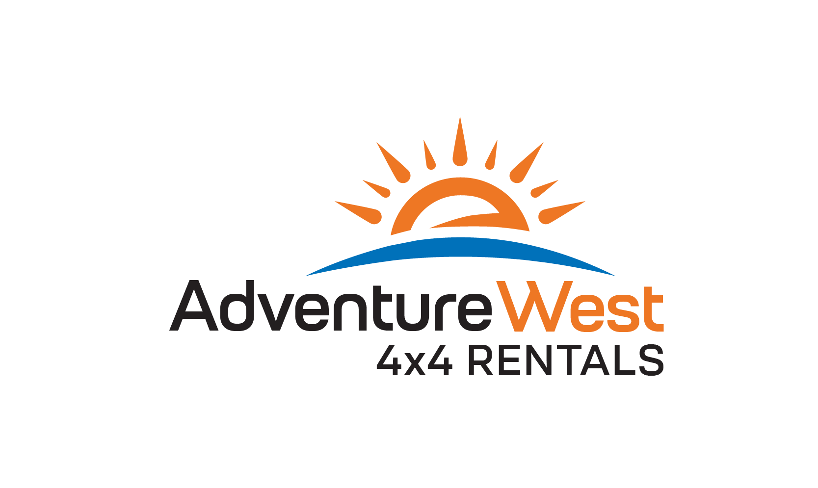 Logo for Adventure West 4x4 Rentals featuring a stylized sun rising or setting over a blue horizon with the text 'Adventure West 4x4 Rentals' in black and orange.