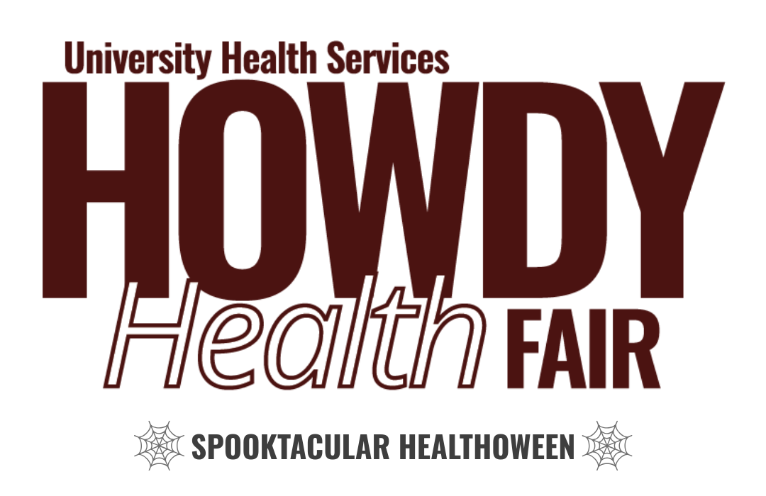 University Health Services Howdy Health Fair graphic featuring large maroon lettering and the Halloween-themed tagline “Spooktacular Healthoween,” flanked by two spiderweb illustrations.
