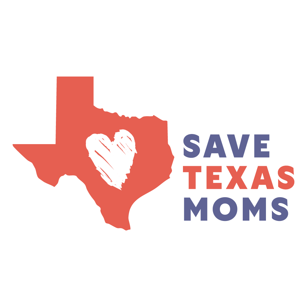 Graphic of the state of Texas in red with a white heart inside and the words "Save Texas Moms" in blue and red text.