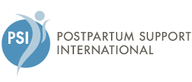 A blue and white circular logo of Postpartum Support International that includes the acronym, PSI.