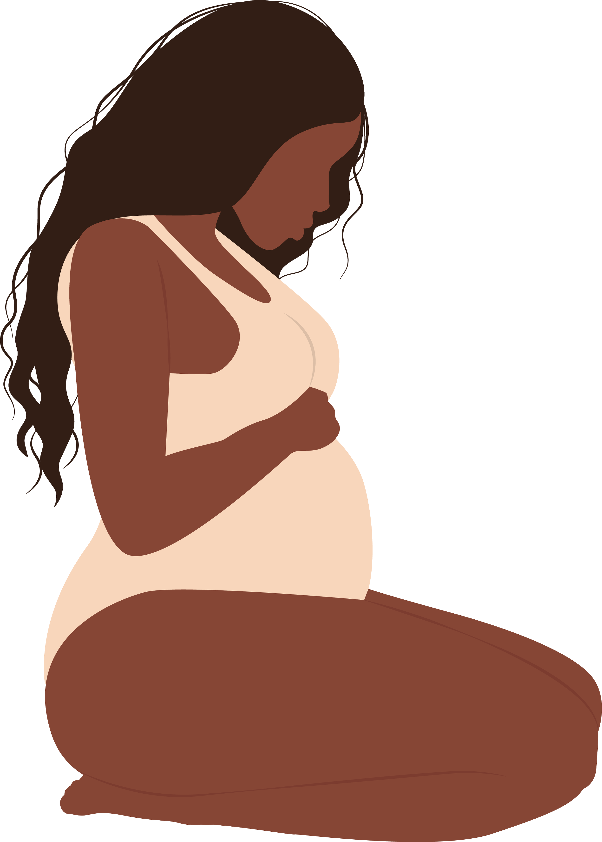 Illustration of a pregnant woman sitting with her head bowed, wearing a beige top and brown pants, with her hand resting on her belly.