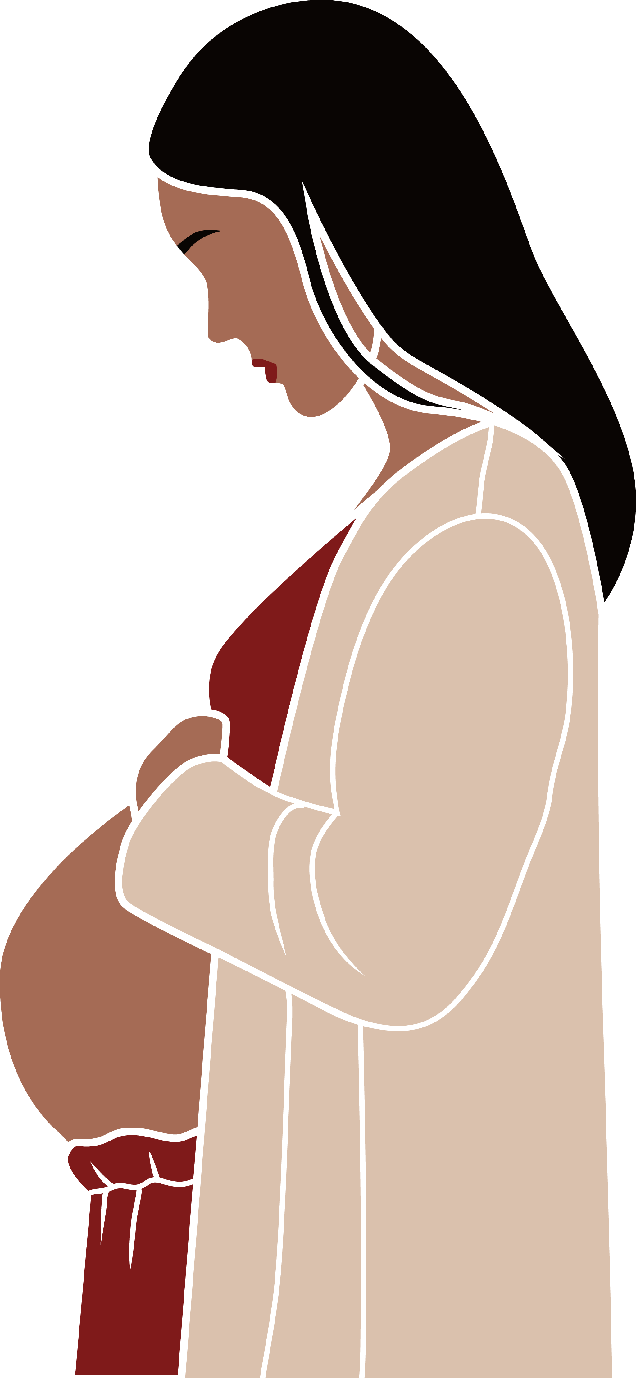 An illustration of a pregnant woman with long dark hair, wearing a beige coat, a red top, and red pants, looking down at her belly.
