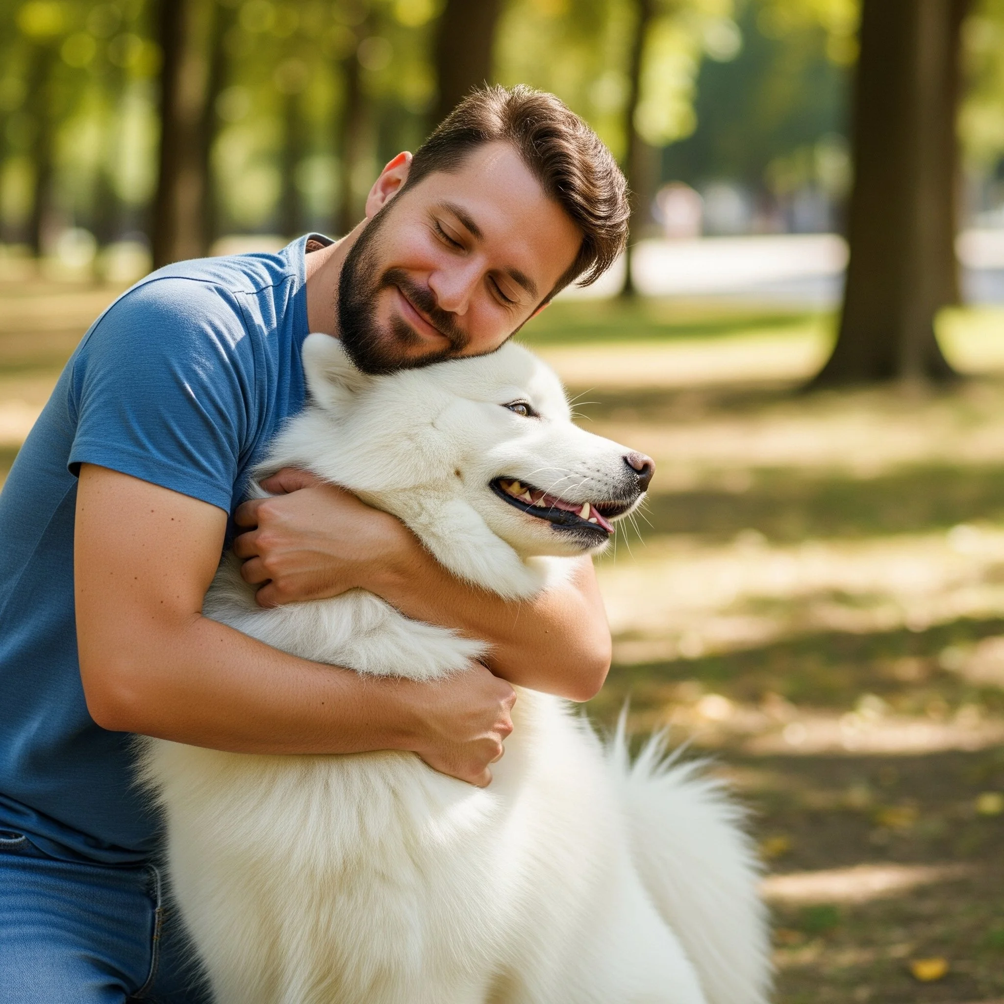 A man hugging a large, fluffy white Samoyed in a park