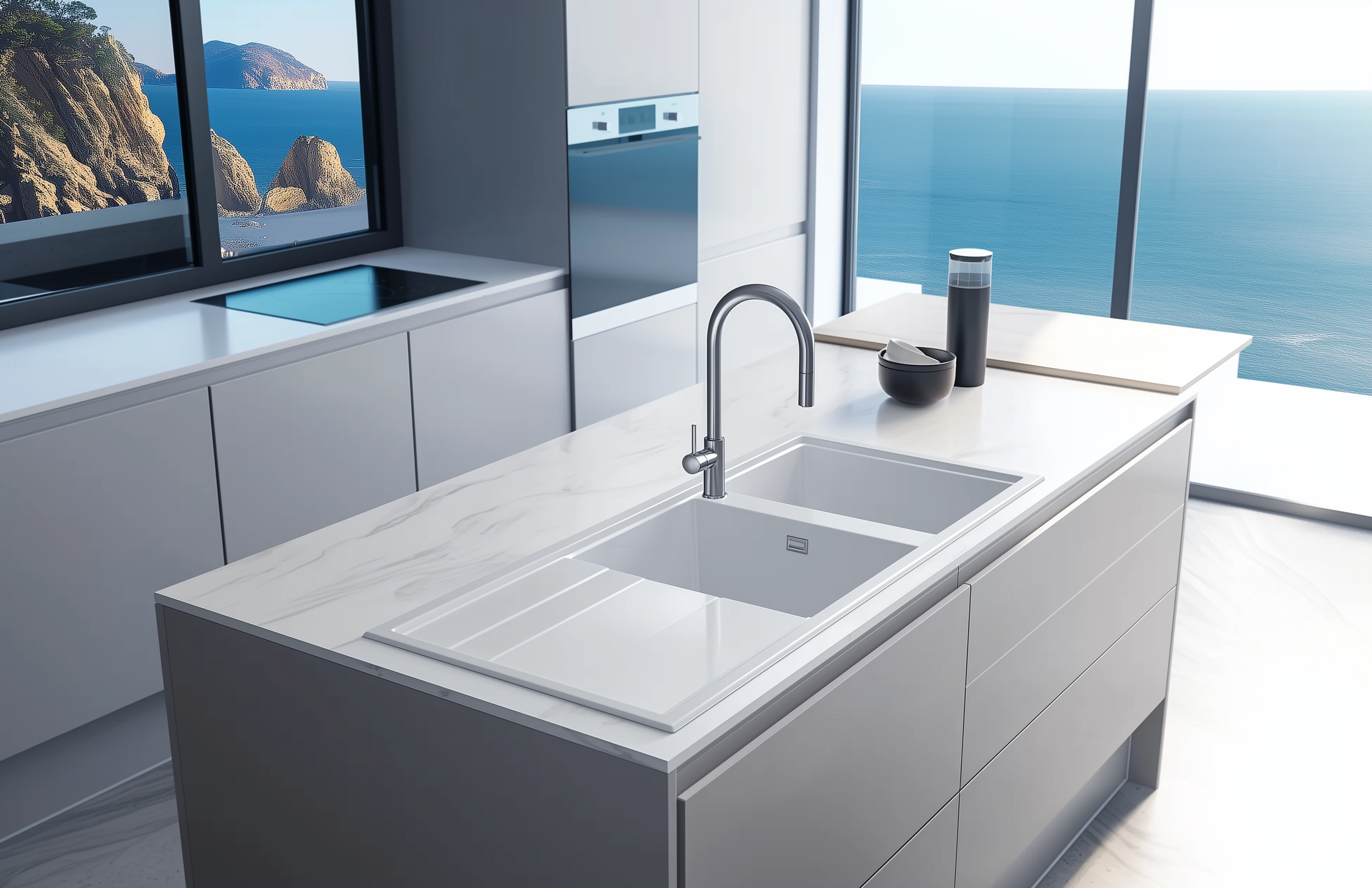 Cucina moderna con vista sull'oceano, includes piano di lavoro in marmo bianco, lavello con rubinetto, alcune stoviglie, e una bottiglia di acqua, con grandi finestre che mostrano il mare e scogli sullo sfondo.
