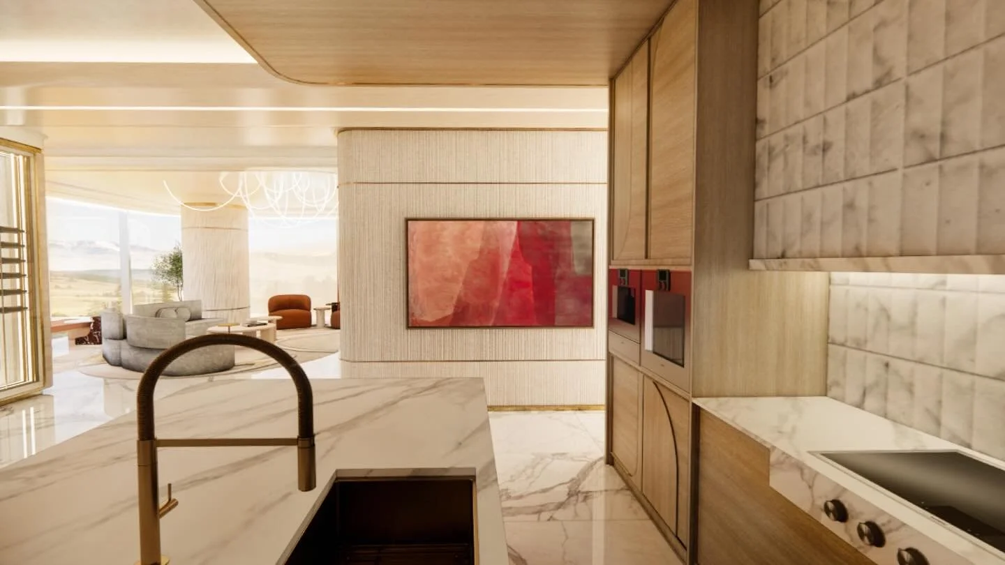 A kitchen that dares to be different &mdash; where stone tiles meet ribbed textures, iconic furniture, and statement art. Every detail tells a story, and none of it is ordinary. Walls, Ceilings, millwork, furniture, art selection, all by yours truly.