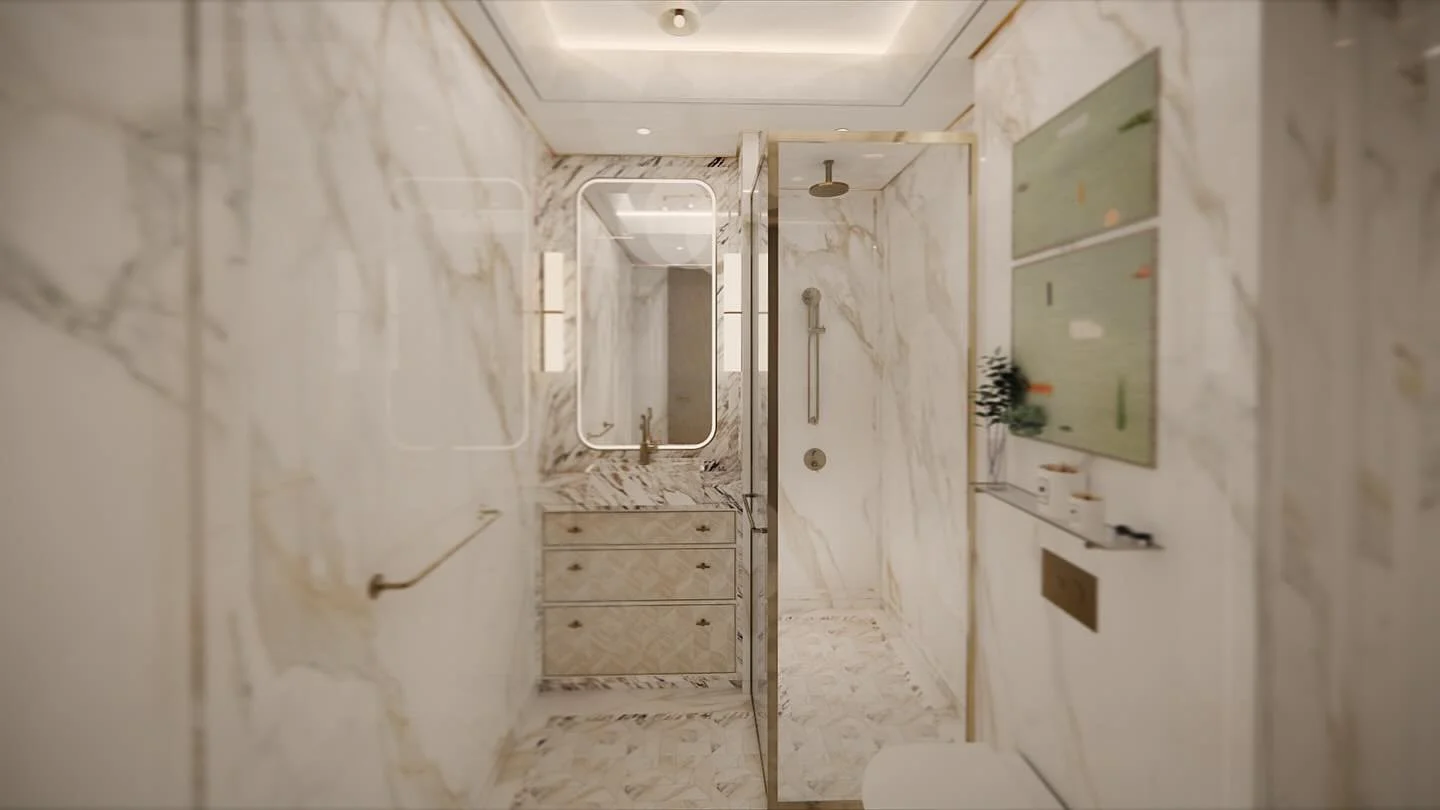 Small in size, big in impact. This bathroom by Chiaroscuro uses reflective surfaces, thoughtful patterns, and a refined color palette to expand the perception of space &mdash; proving efficiency and elegance can coexist beautifully.

#ChiaroscuroDesi