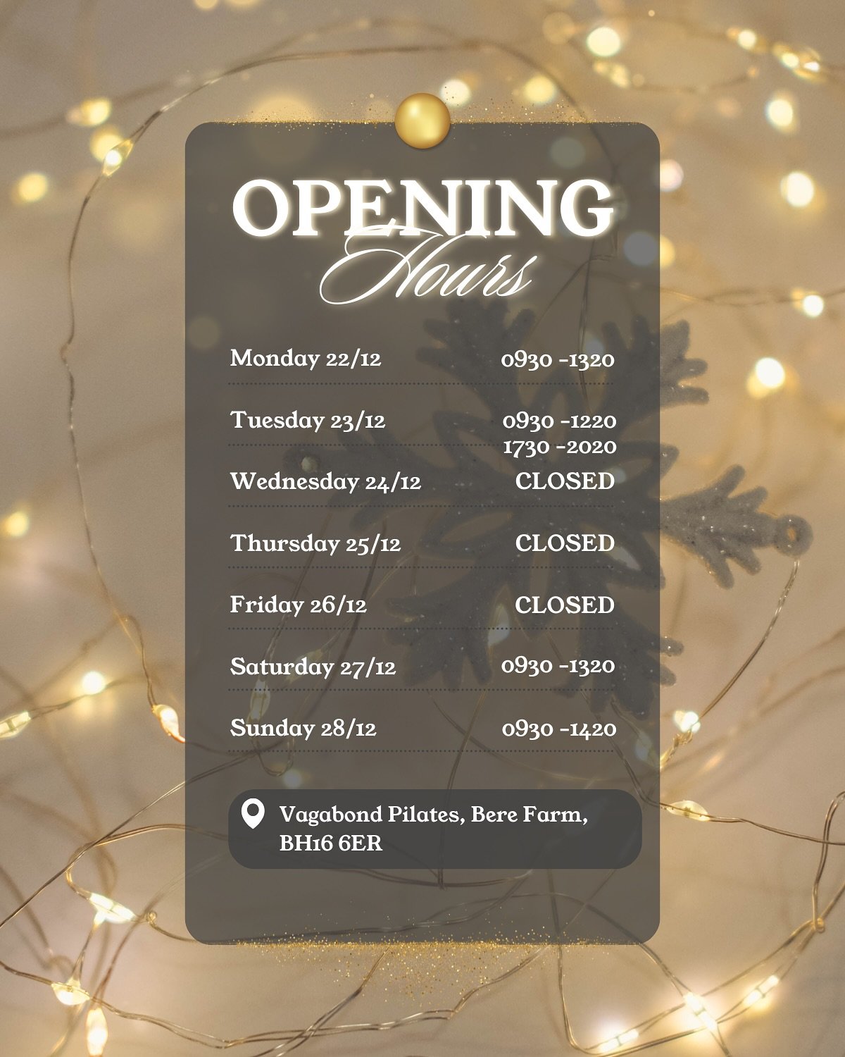 🎄 Christmas at Vagabond Pilates &ndash; Lytchett 🎄

While lots of studios close over Christmas, our instructors asked to keep the doors open and we&rsquo;re delighted to say yes! 

We&rsquo;ll be running festive classes throughout the holiday perio