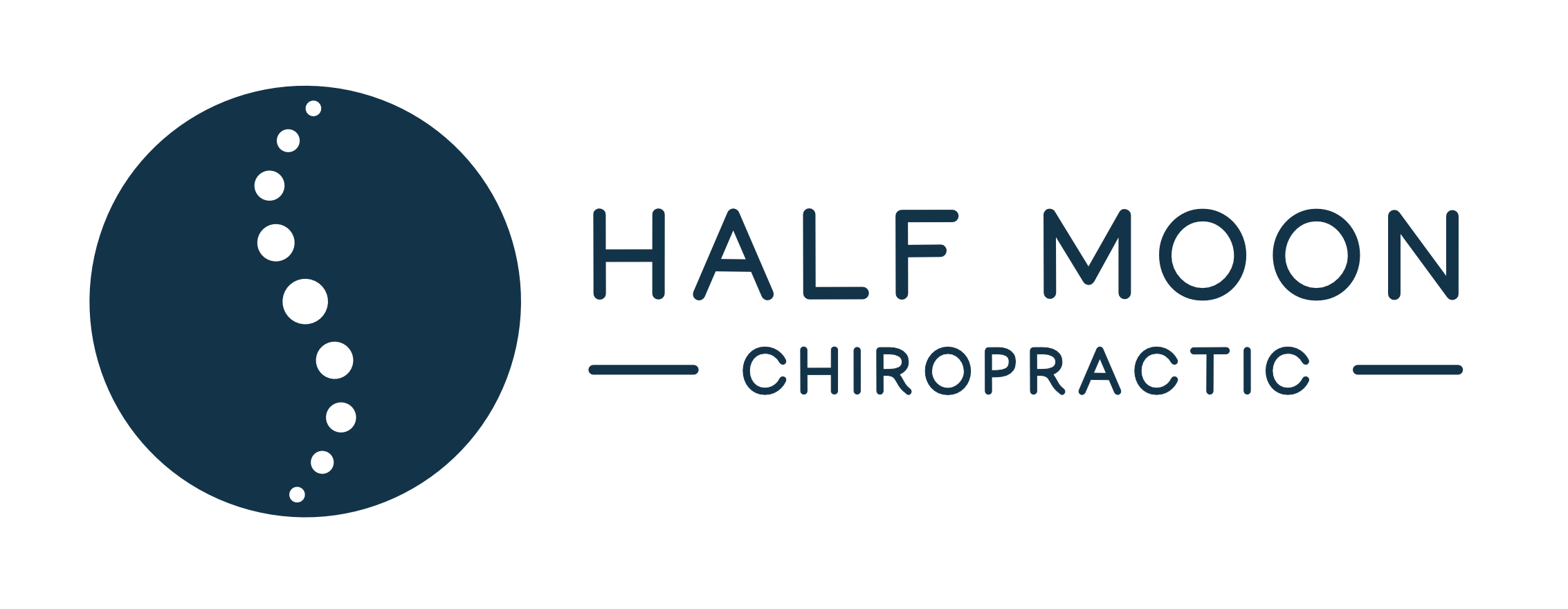 Logo for Half Moon Chiropractic featuring a dark circle with a white dotted line running vertically through it, representing a stylized spine, and the business name in blue text.