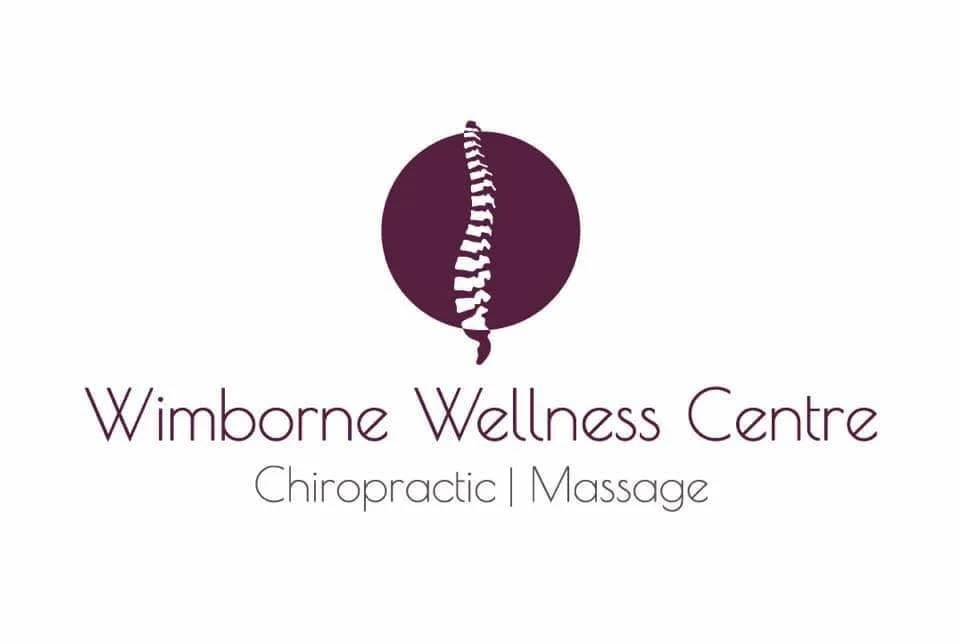 Logo for Wimborne Wellness Centre featuring a dark purple circle with a white spine illustration inside and the business name with services chiropractic and massage.