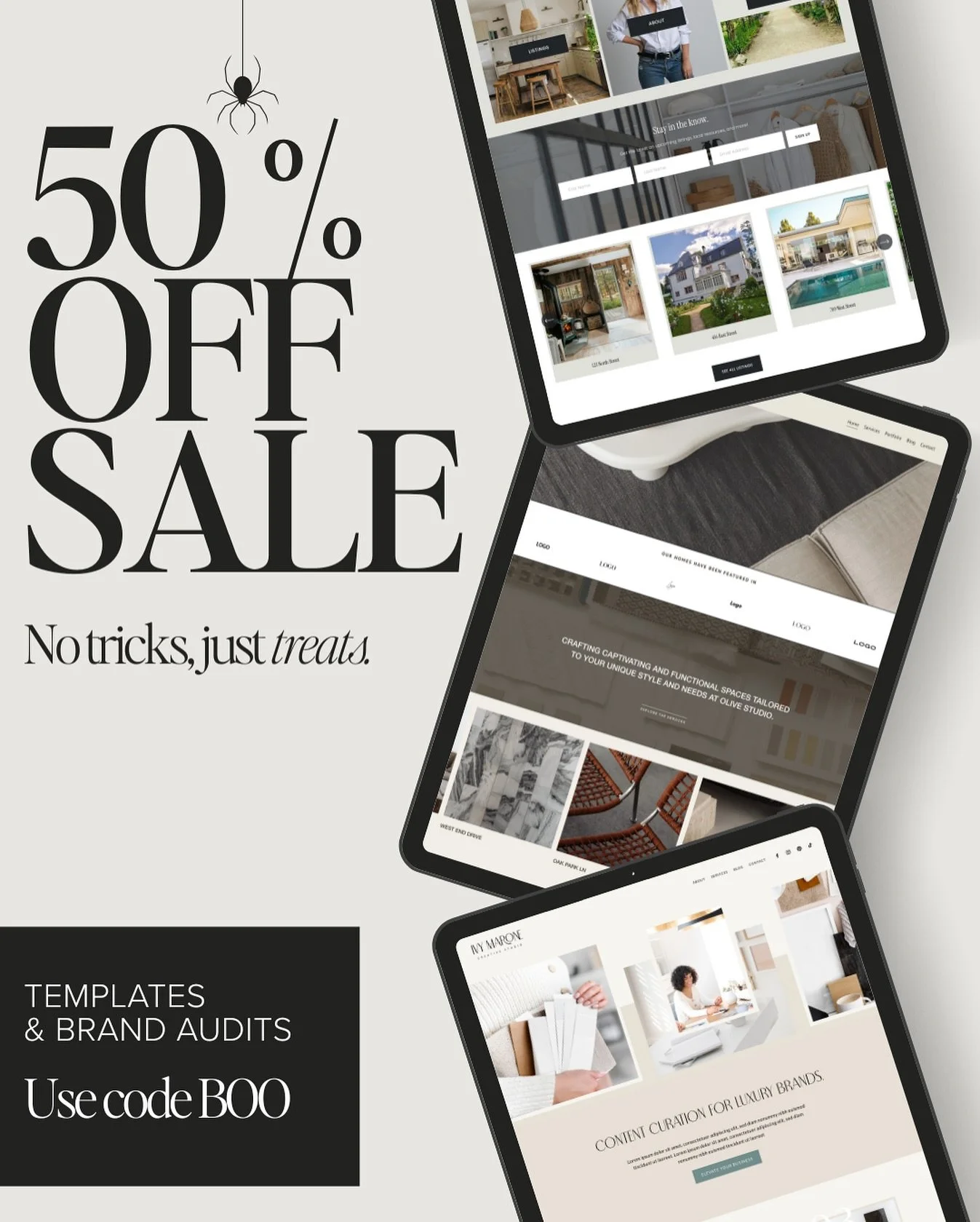 No tricks, just treats!

For Halloween week only, all website templates + brand audits are 50% OFF with code BOO.

No spooky vibes required - just the perfect excuse to finally bring your brand to life. 👻

🕛 Sale ends Nov 1 at midnight.

Visit ckcr