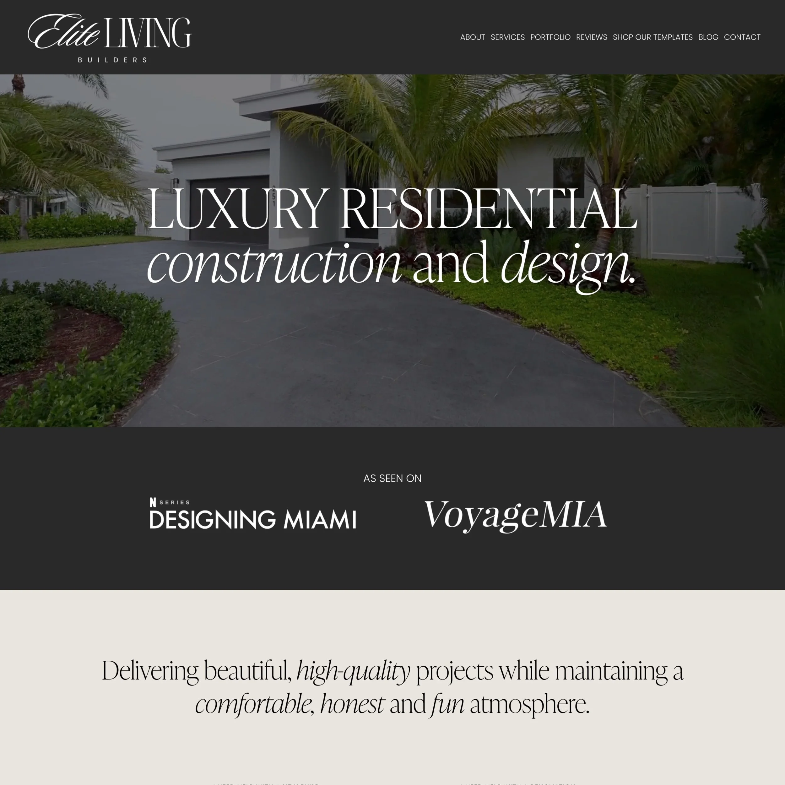 A website homepage for Elite Living Builders featuring a modern house with a curved driveway, tropical plants, and a white fence, with text promoting luxury residential construction and design.
