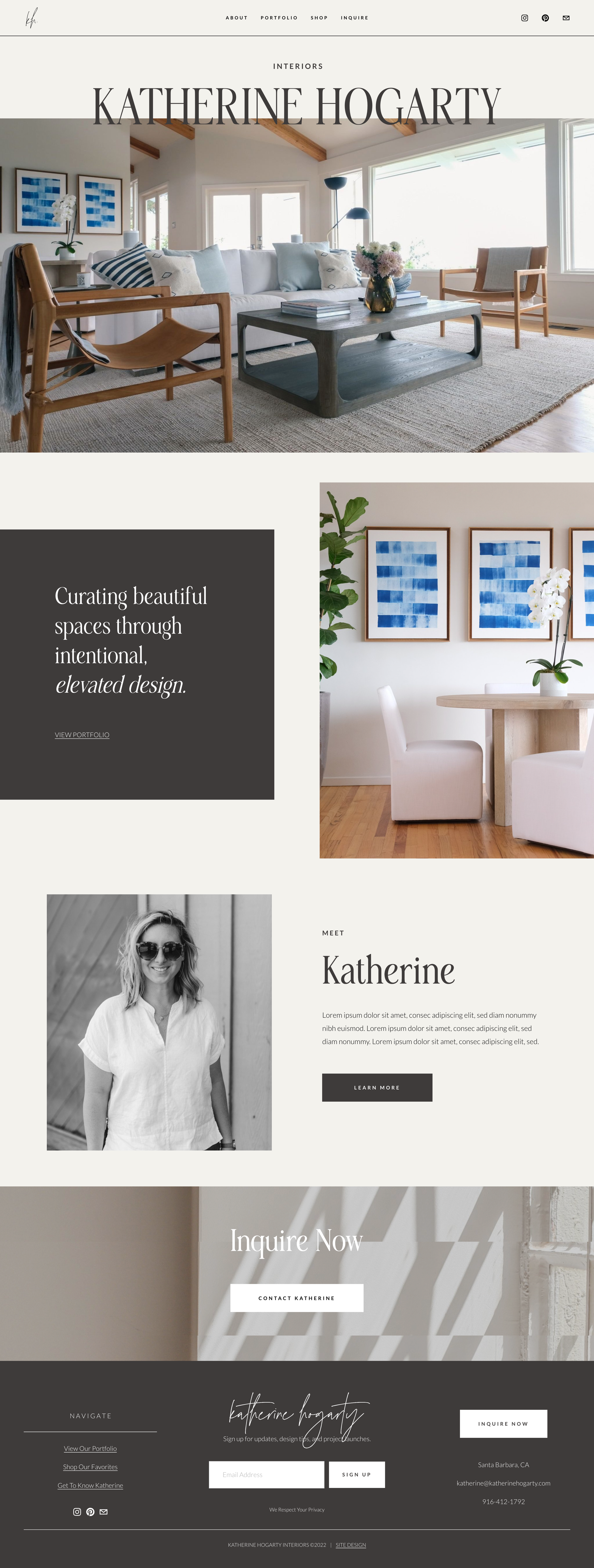 Homepage of an interior design portfolio website featuring a modern living room with a white sofa, wooden chairs, a coffee table, and large windows with a scenic view, and a section with a woman’s portrait surrounded by artwork and plants.