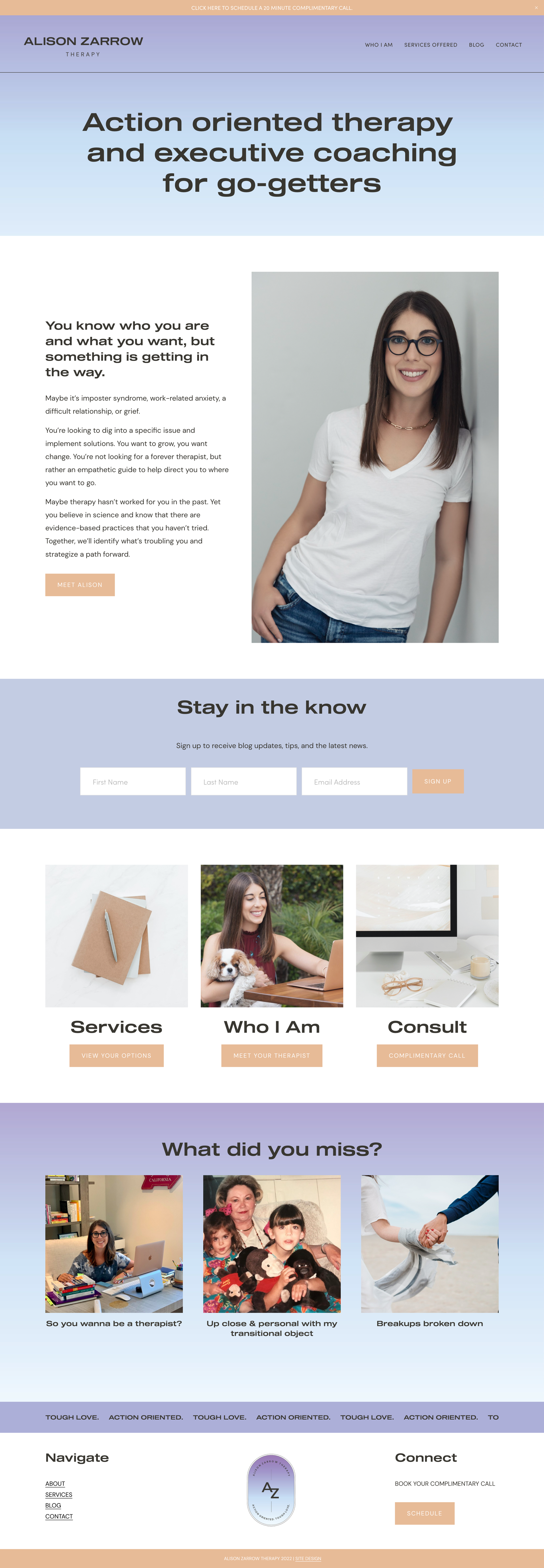 Website homepage for Alison Zarrow Therapy, promoting action-oriented therapy and executive coaching for go-getters, featuring a woman with glasses smiling, service options, signup form, and sections for information and contact details.