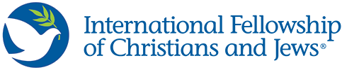 The logo of the International Fellowship of Christians and Jews, featuring a white dove within a blue circle and the organization's name to the right.
