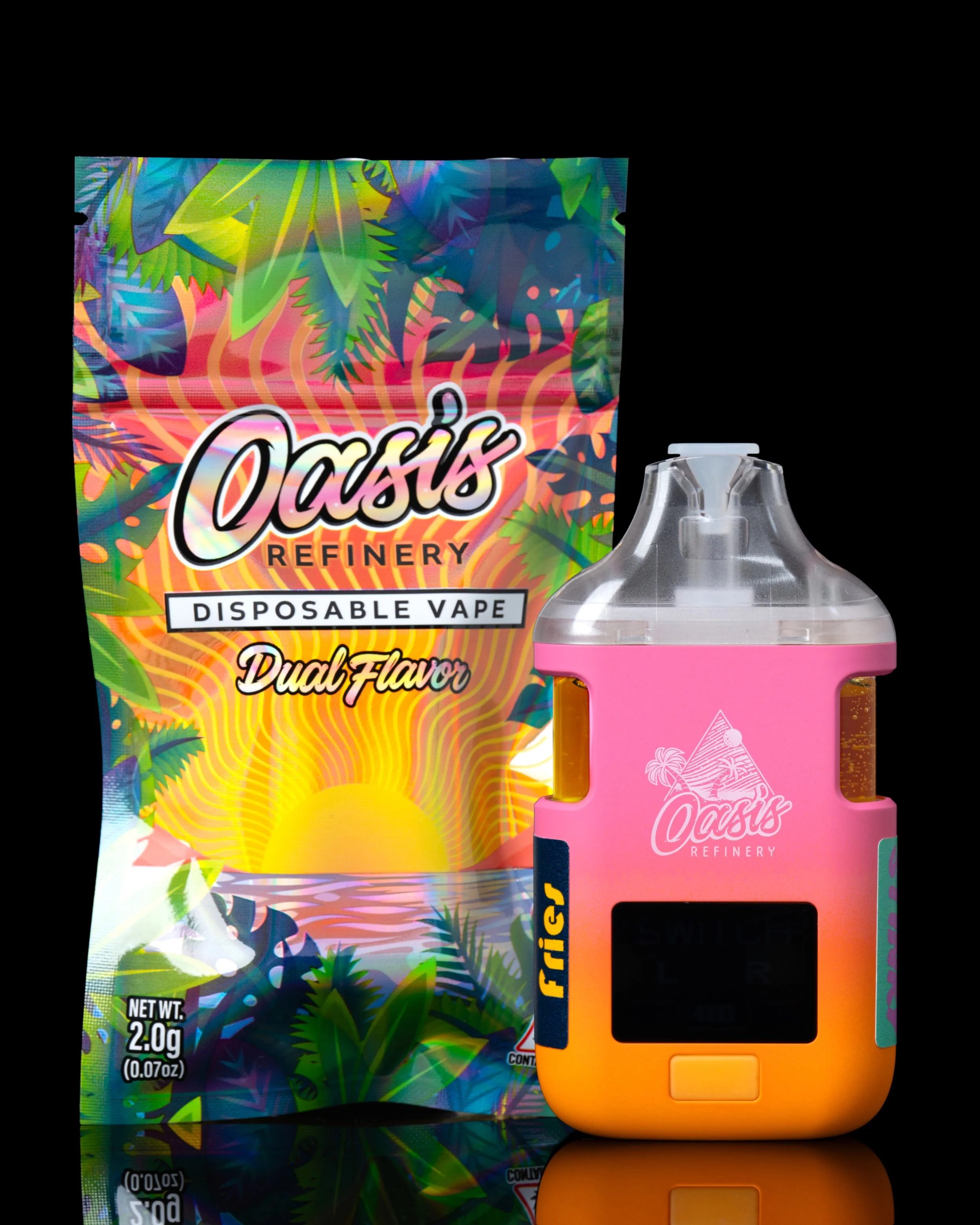 A colorful package of Oasis Disposable Vape with a tropical design featuring leaves and a sunset background, next to a pink and yellow vape device.