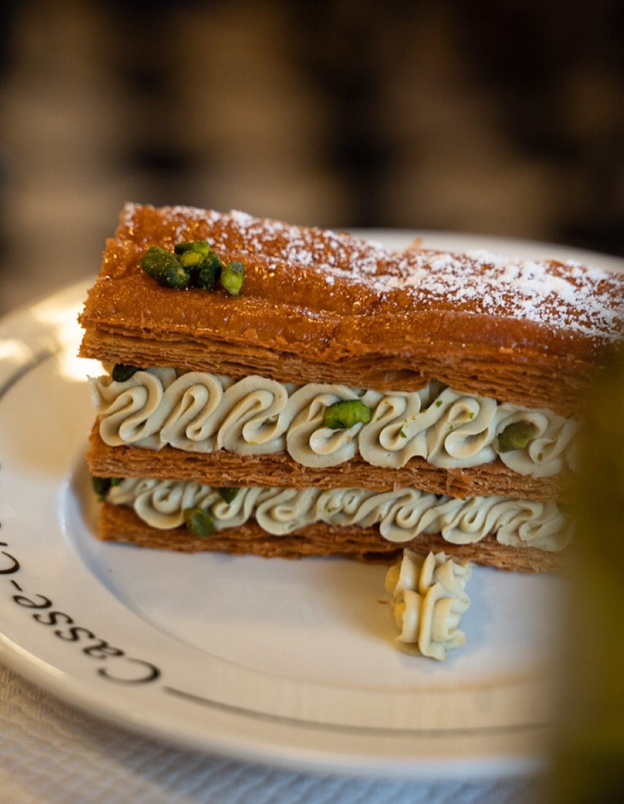 Perfect pistachio swirls in between layers of thin, crispy pastry. ✨ When Mille-feuille is on the menu - it&rsquo;s a good day! 

#cassecroute #frenchfood #frenchrestaurant #dessert #millefeuille