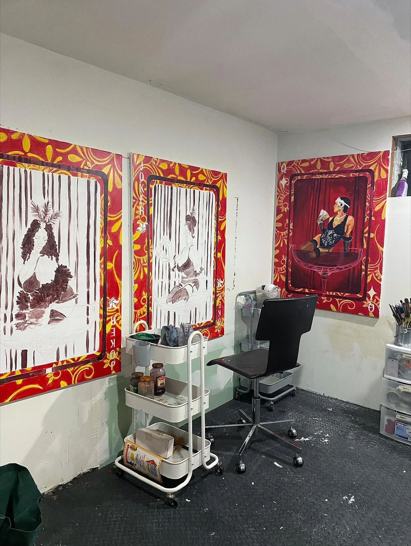 most definitely haven’t made as much painting progress on these as I’ve wanted to.. But I just cleaned up my studio so I could really get back to work! 
All these paintings and more gotta be finished and ready to hang in 54 days.. let&rs