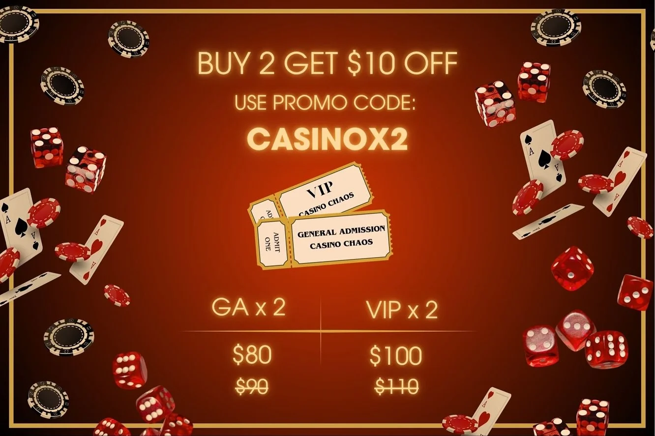 We got a new deal for you guys!
But 2 tickets get $10 off for the Casino Chaos experience! 
Use code : CASINOX2 to claim your deal! 
This isn’t just a regular art exhibition! It’s a space to immerse yourself in the allure and whimsical