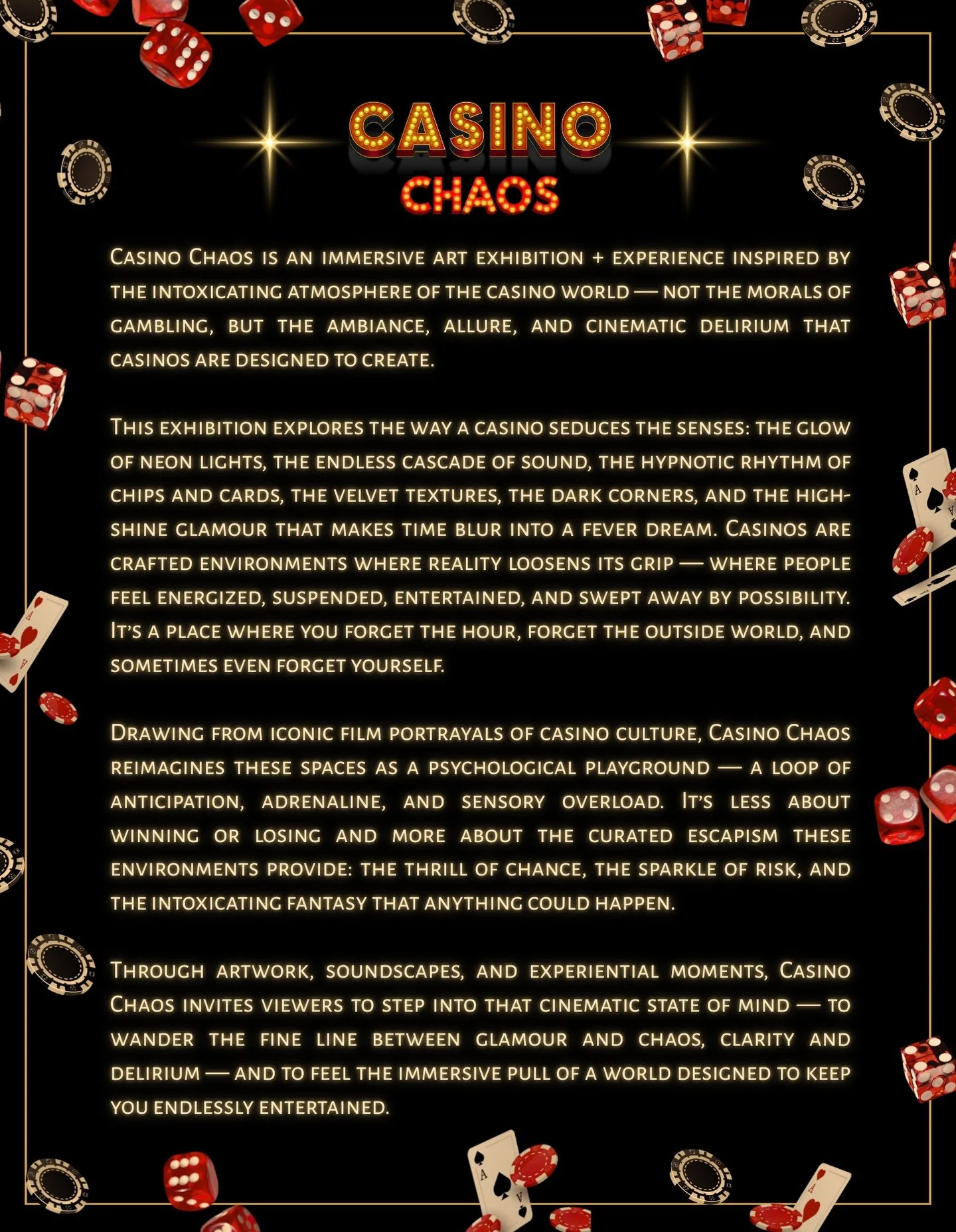 CASINO CHAOS 
Exhibition Statement

Full Immersive Experience Debuts 1-10-2026 
To purchase tickets visit link in bio

See exhibition @connectgallery_ 

Gallery hours: 

Thursday 11a - 4p
Friday Noon - 6p
Saturday Noon -6p
or by appointment