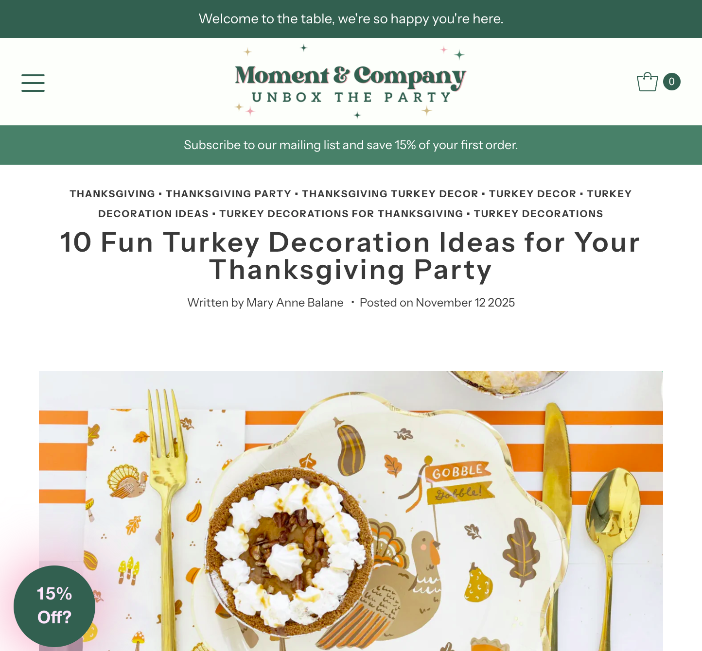 Moment & Company blog post “10 Fun Turkey Decoration Ideas for Your Thanksgiving Party” showing themed turkey plates and fall table décor