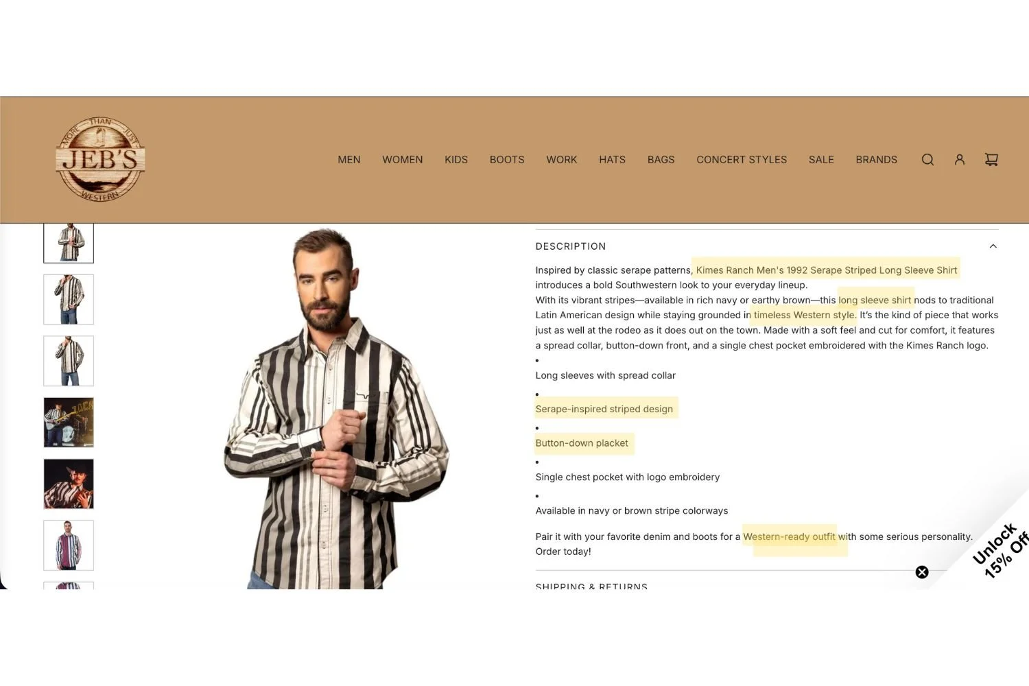 Men’s Western shirt product listing example with optimized description and attributes