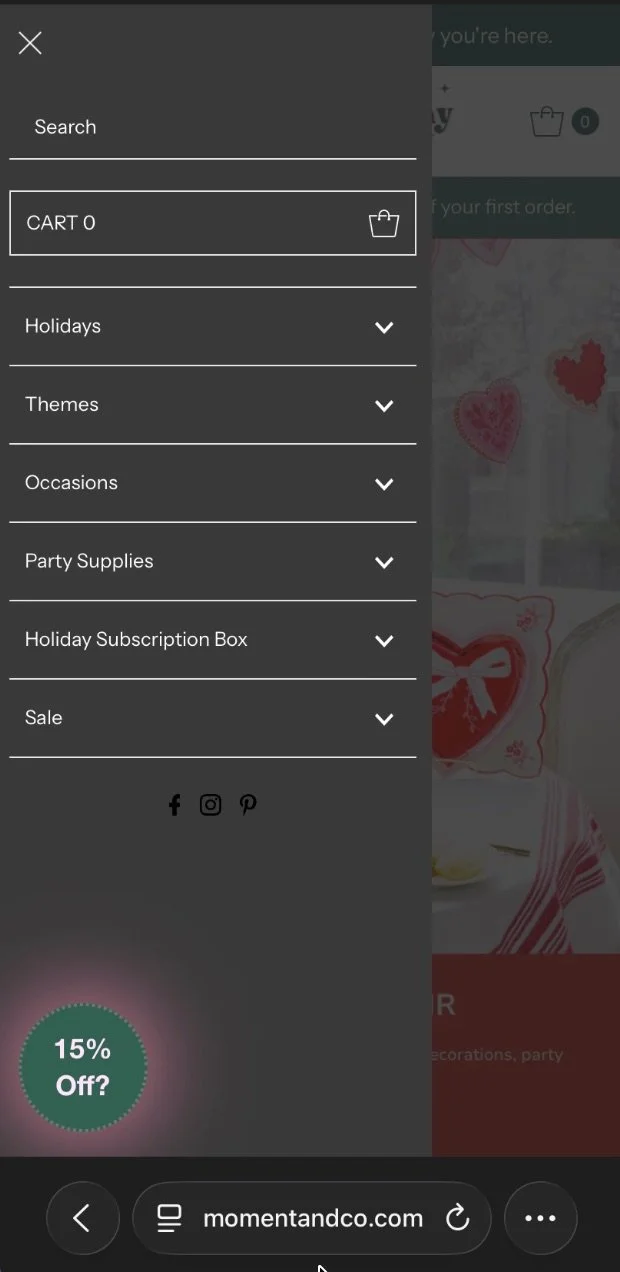 Example of streamlined mobile navigation in Moment & Co’s online shop