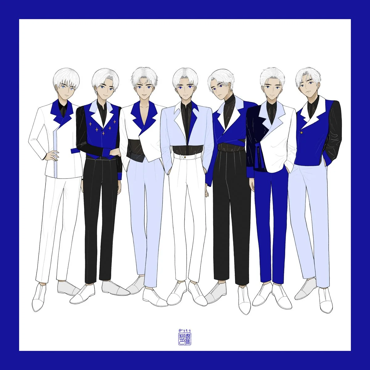 seven white-haired, blue-eyed gentlemen in bespoke suits, tailored to their liking and personality, with symbolisation of their names and qualities in ultramarine, white, black and other blue tones and shades.