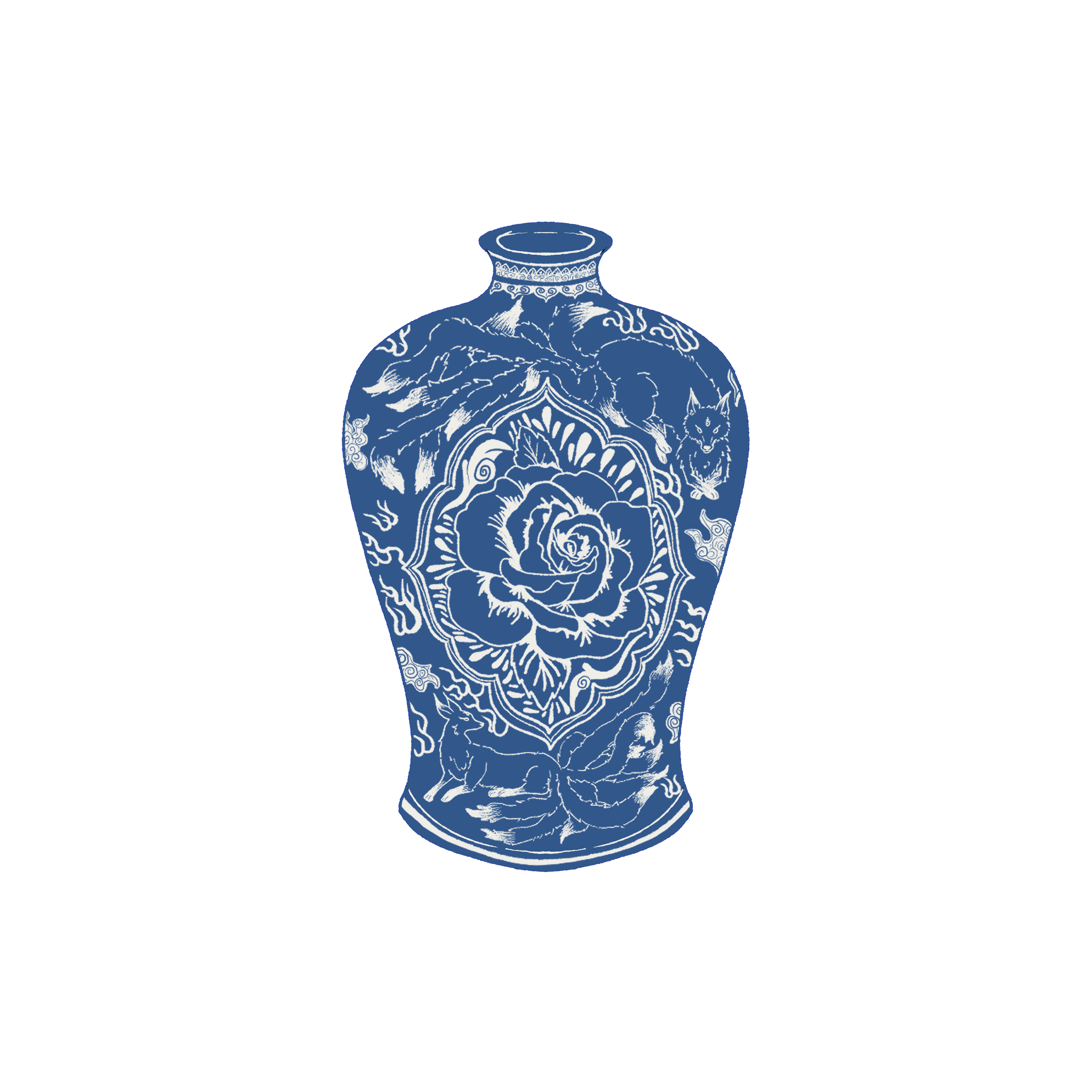 An intricate blue and white decorative vase featuring floral patterns and a wolf design.