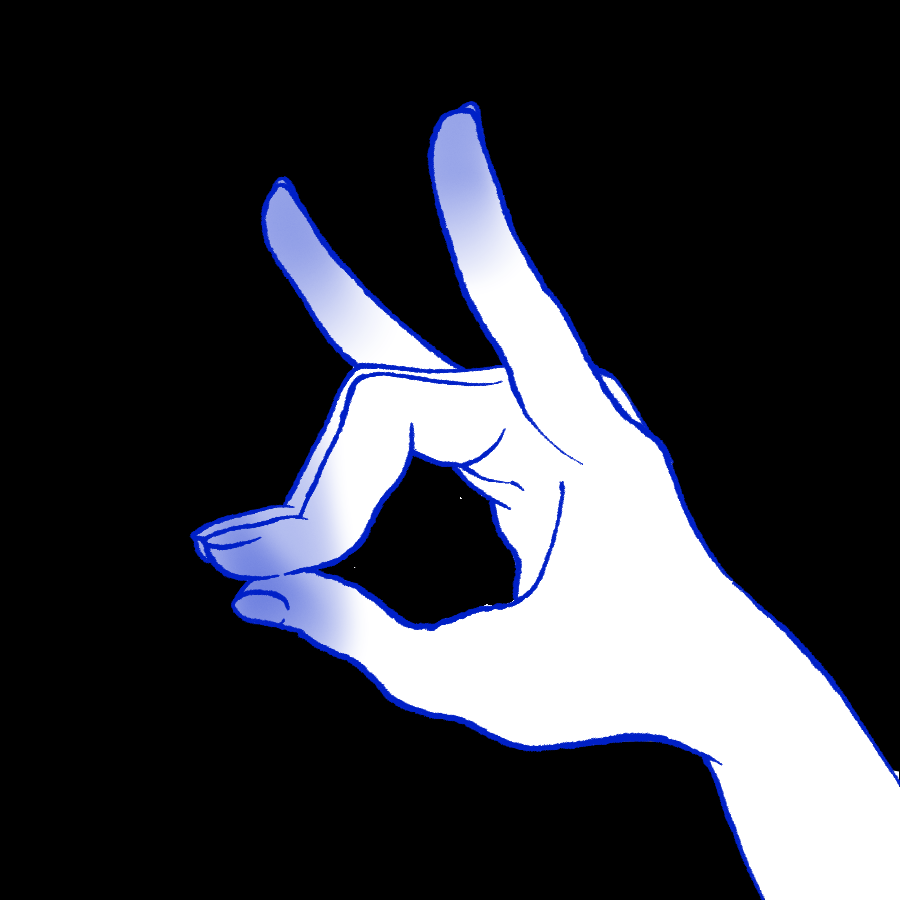 white hand with blue gradient at fingertips signing a celestial fox right hand sigil