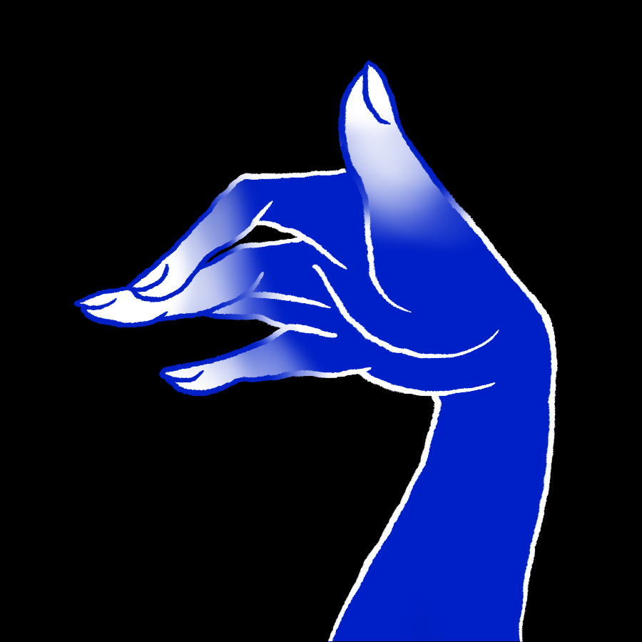 blue hand with white gradient at fingertips signing a shadow fox right hand sigil