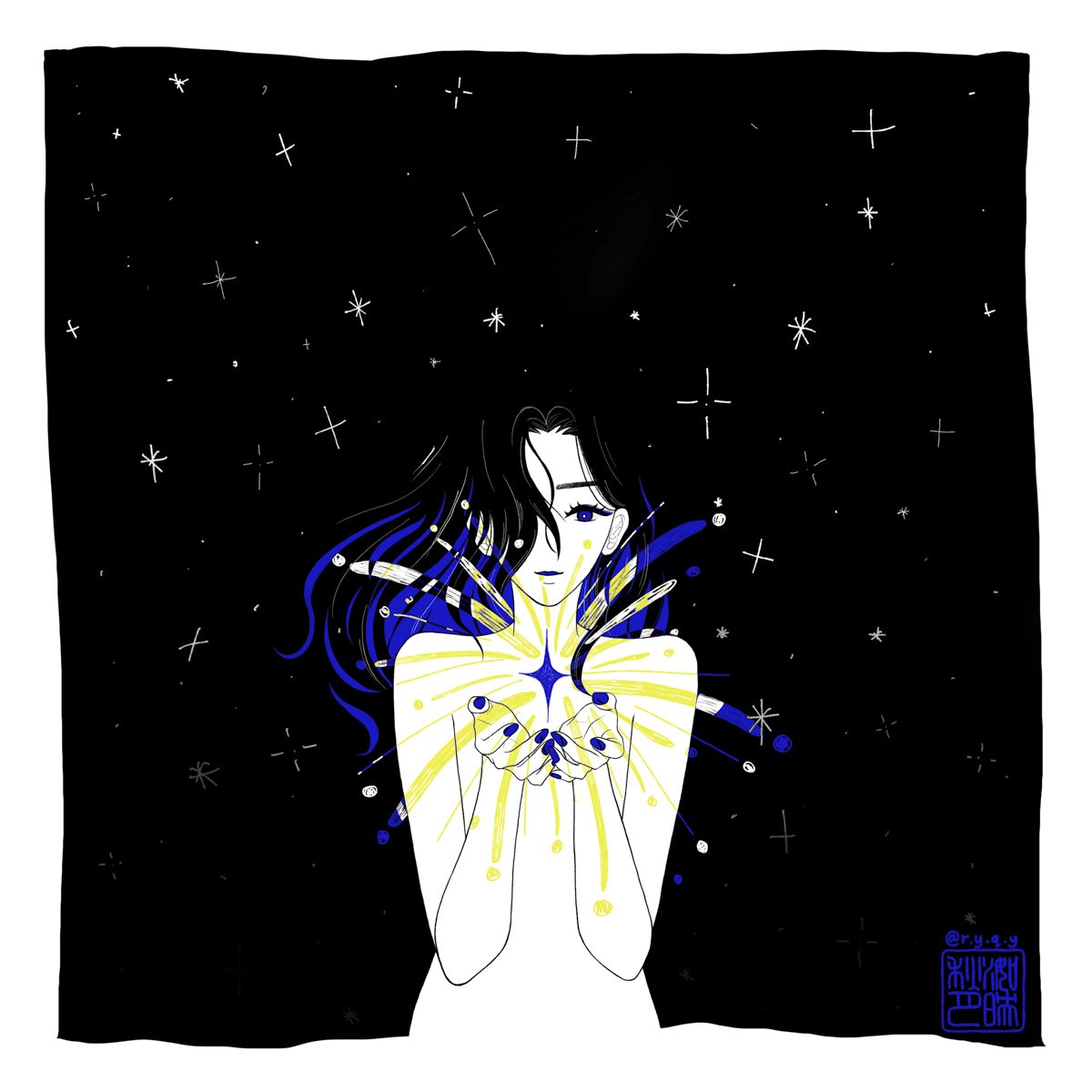 a girl holding a star in the midst of darkness, swallowing the star on her own volition