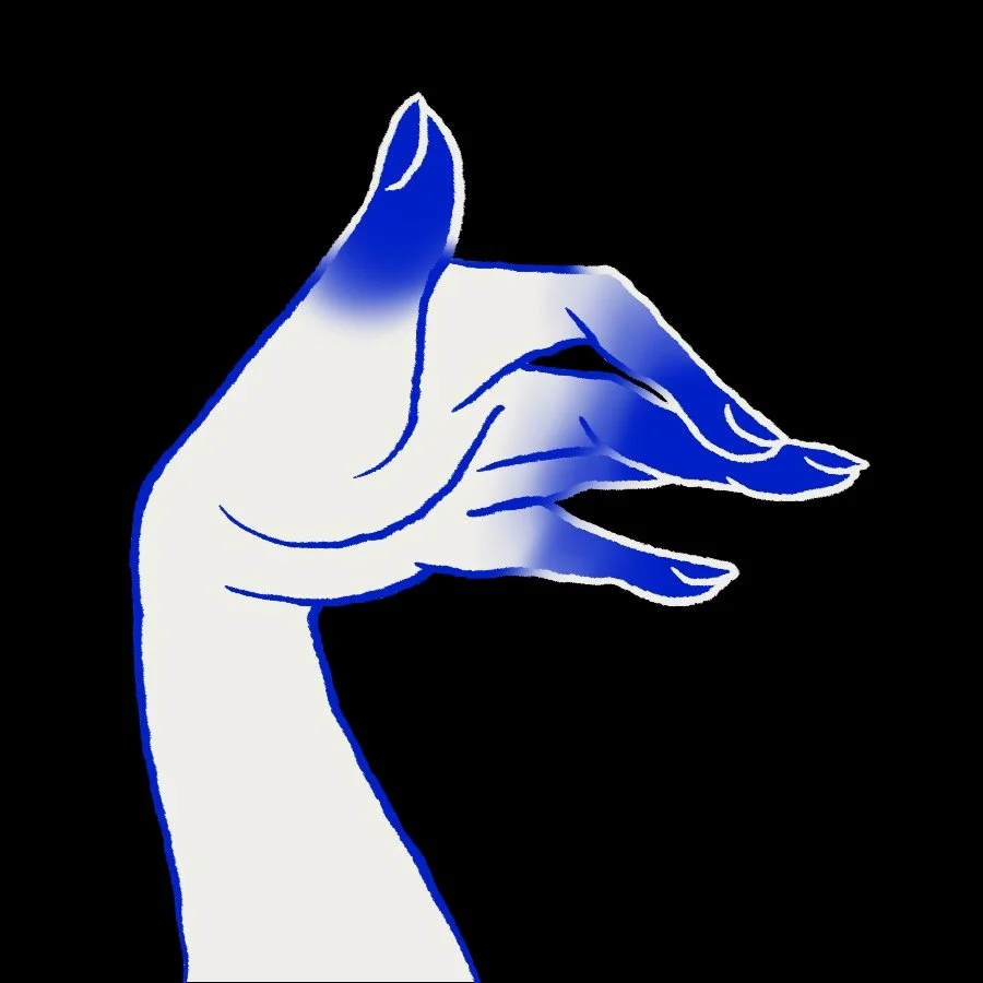 white hand with blue gradient at fingertips signing a shadow fox left hand sigil
