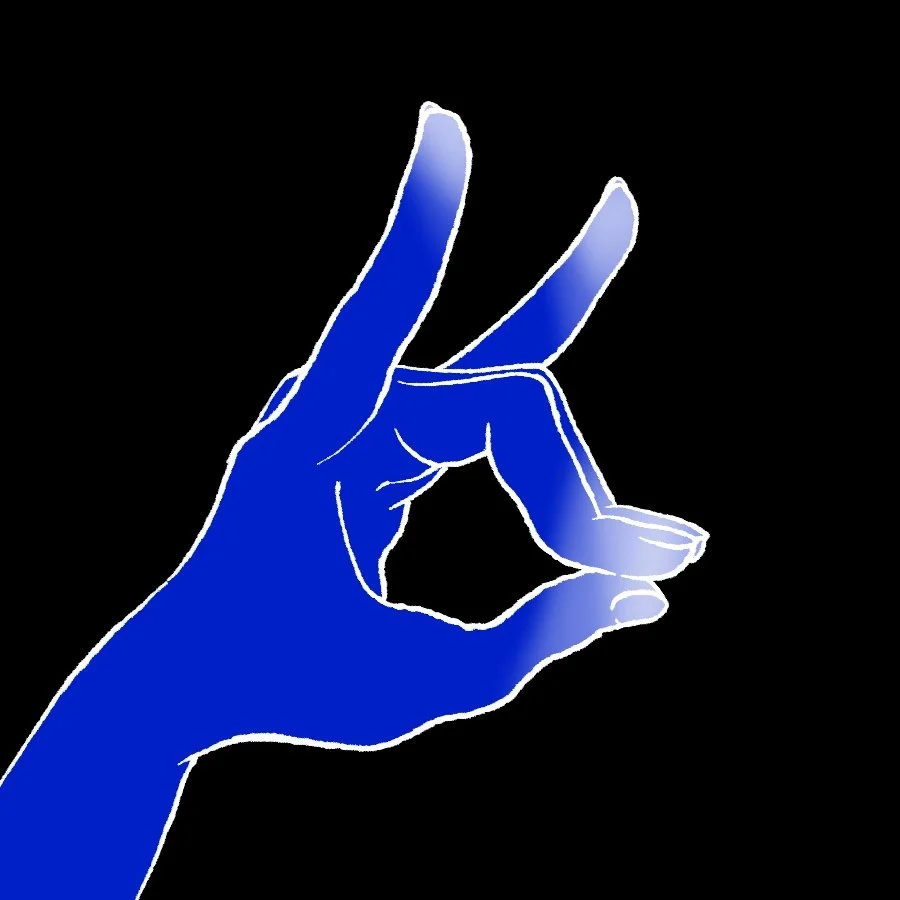 blue hand with white gradient at fingertips signing a celestial fox left hand sigil
