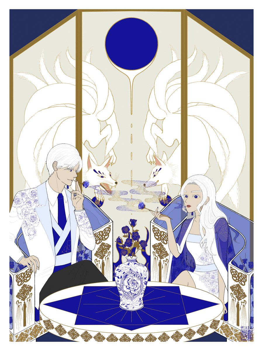 a lady and a gentleman smoking roses in a room with traditional Chinese-influenced decorations with two white nine tailed foxes and fine China