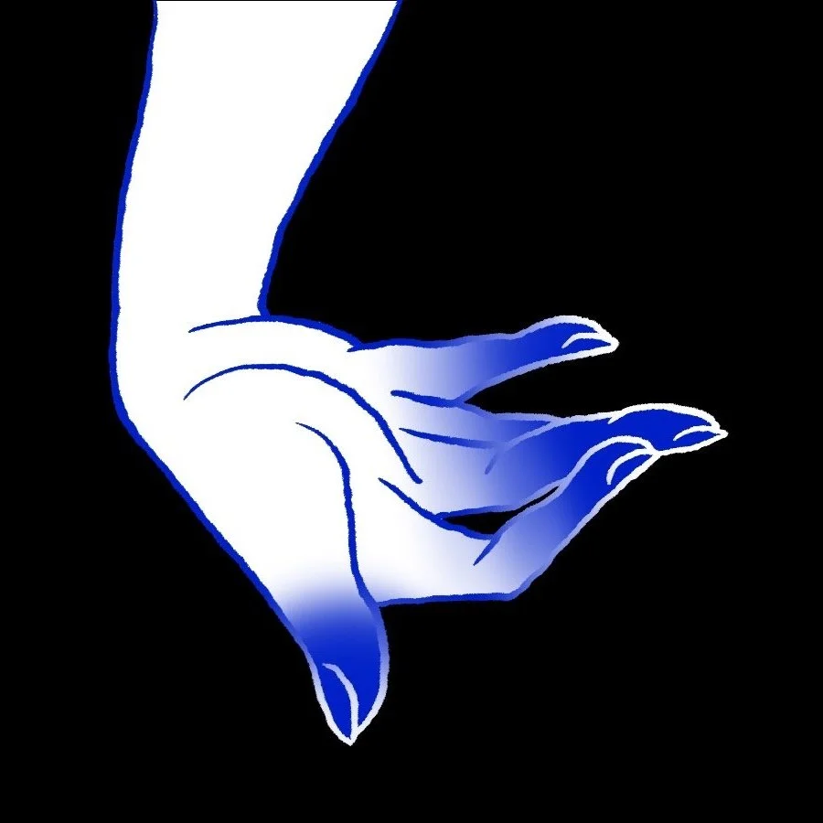 white hand with blue gradient at fingertips signing a shadow fox hand sigil upside down