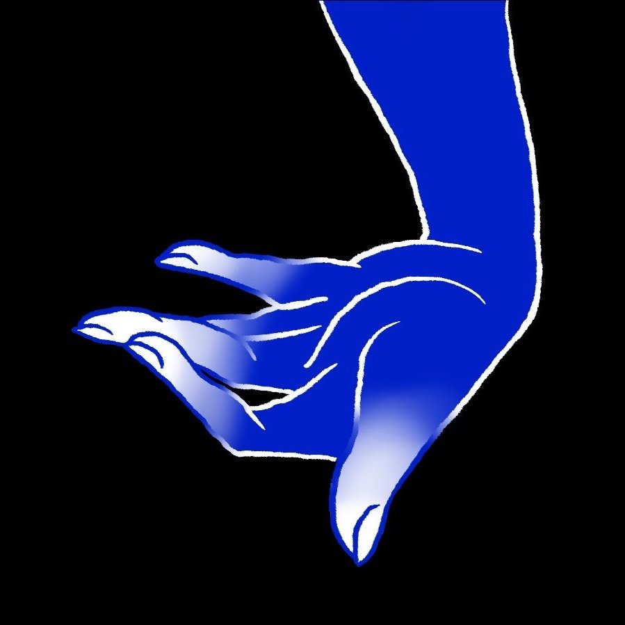 blue hand with white gradient at fingertips signing a shadow fox hand sigil upside down