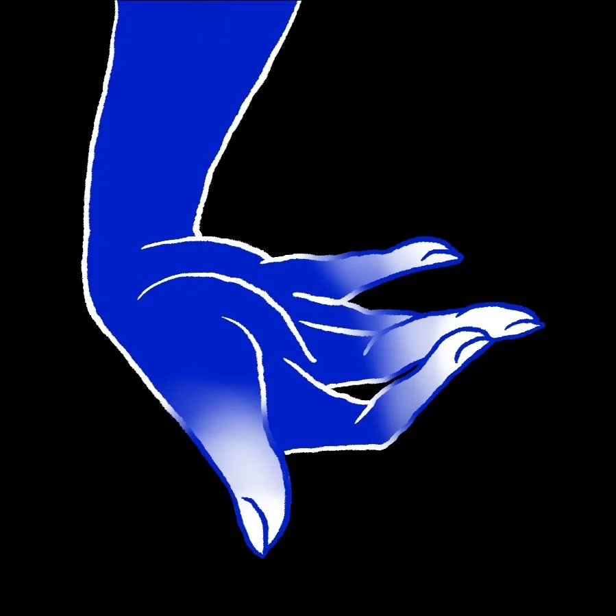 a blue hand with a fox sign with white gradation at the fingertips