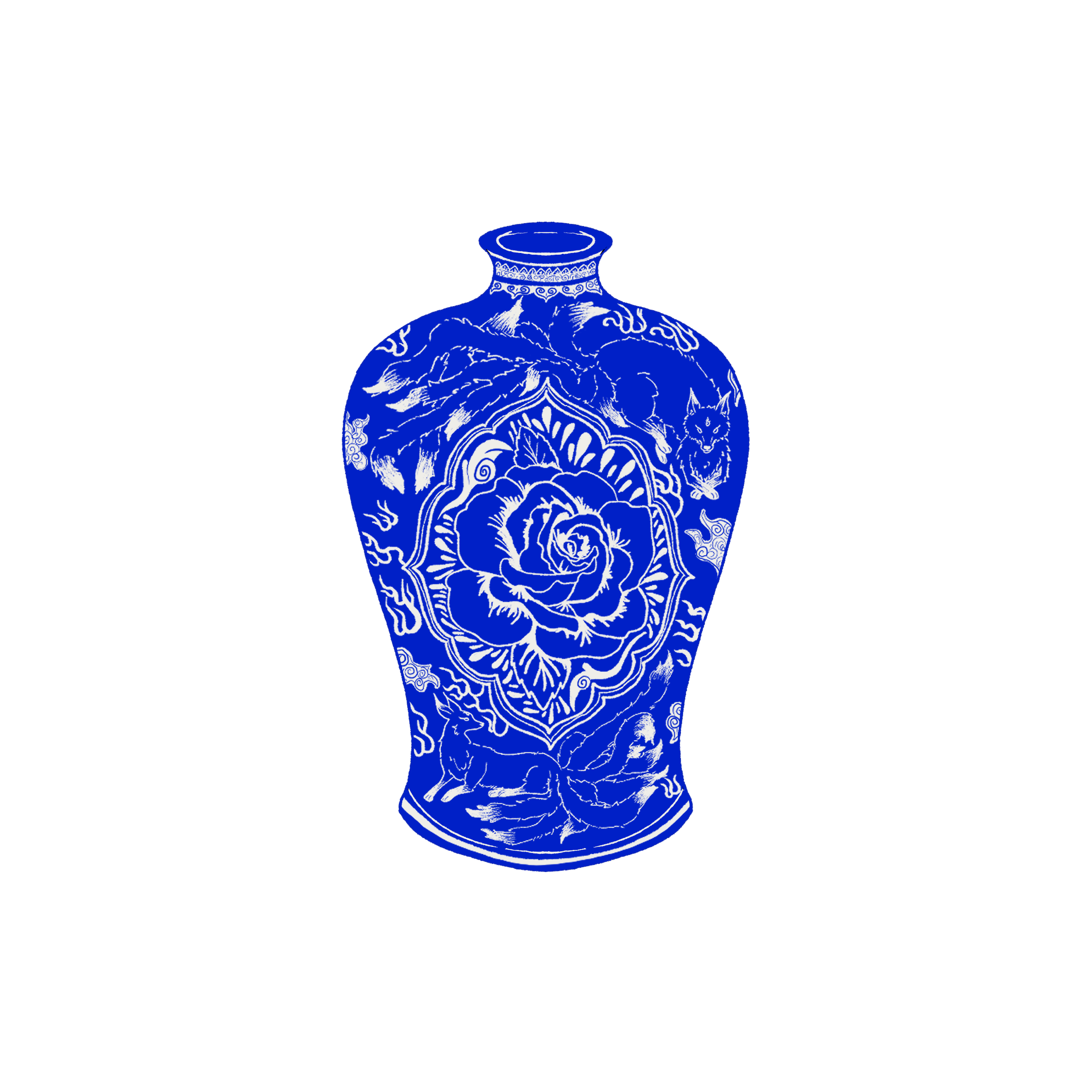 Blue and white decorative vase with intricate floral and animal patterns, set against a black background.