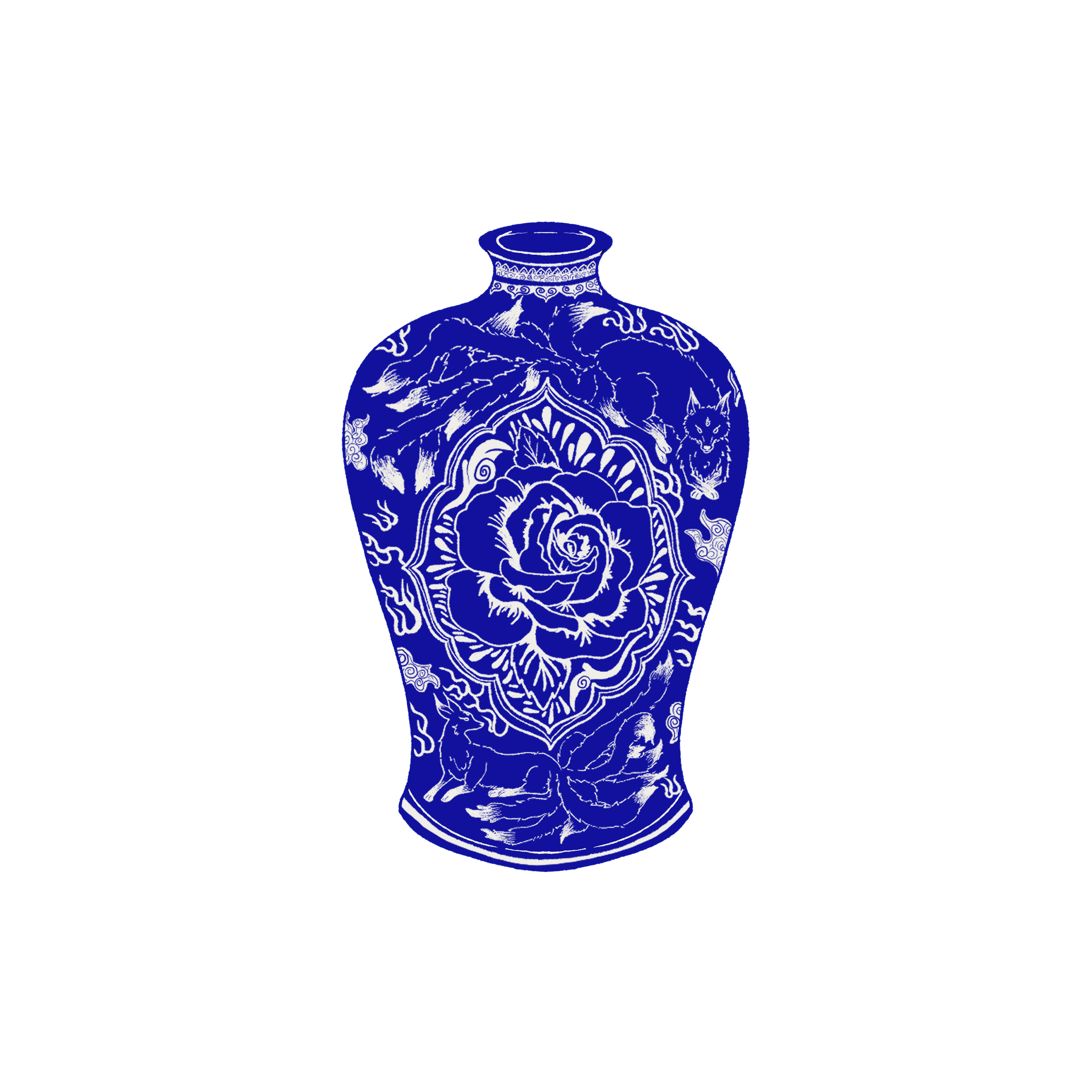 Blue and white porcelain vase with intricate floral and dragon designs.