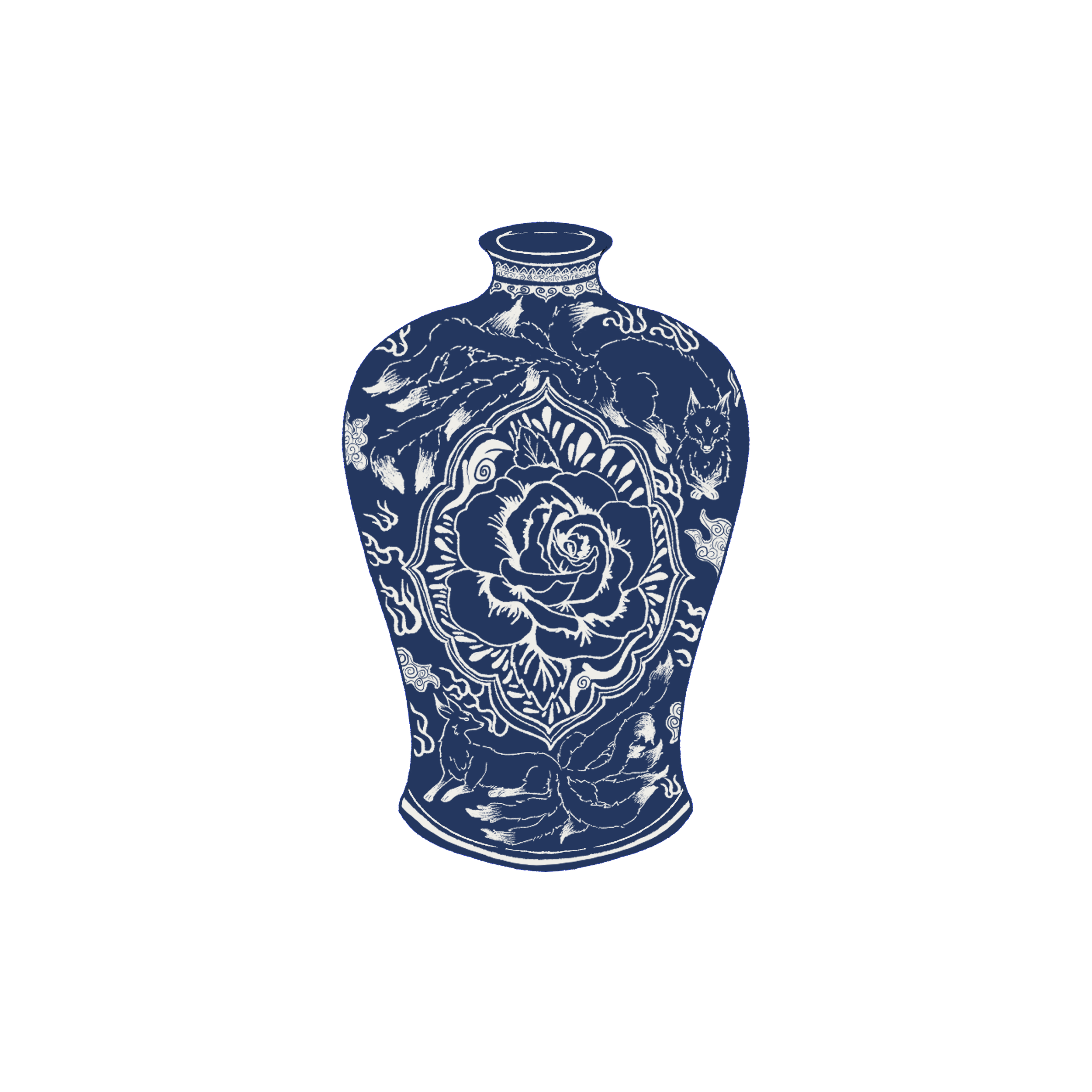A blue and white ceramic vase with intricate floral and nine-tailed fox illustrations.