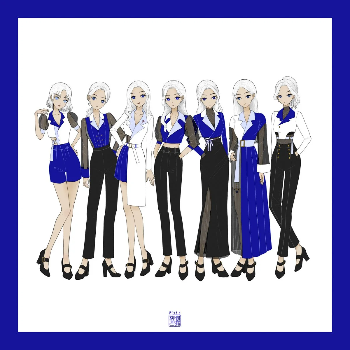 seven white-haired, blue-eyed ladies in bespoke suits, tailored to their liking and personality, with symbolisation of their names and qualities in ultramarine, white, black and other blue tones and shades.