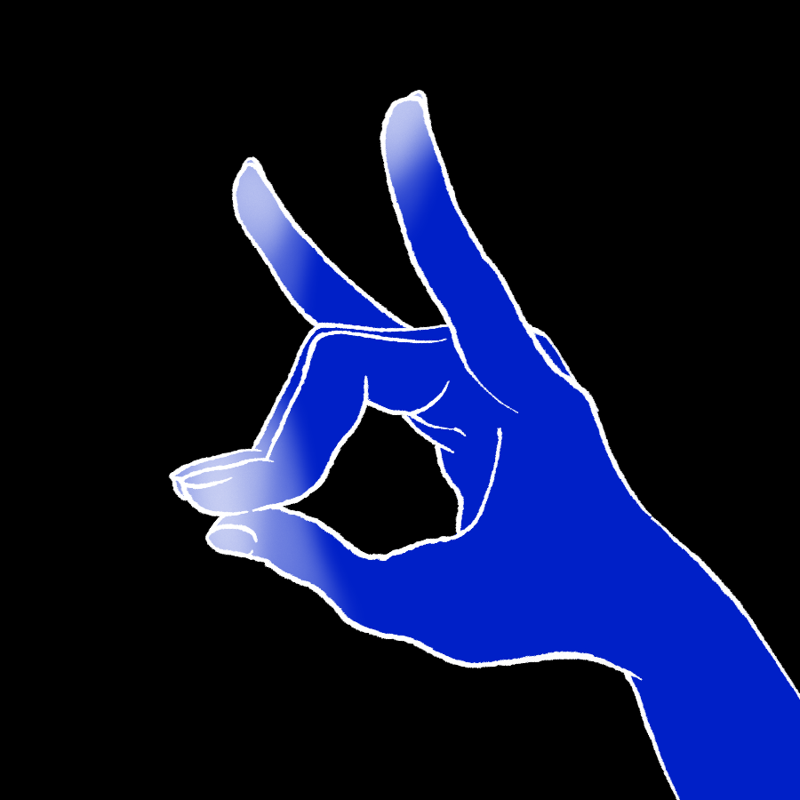 a blue hand with a fox sign with white gradation at the fingertips