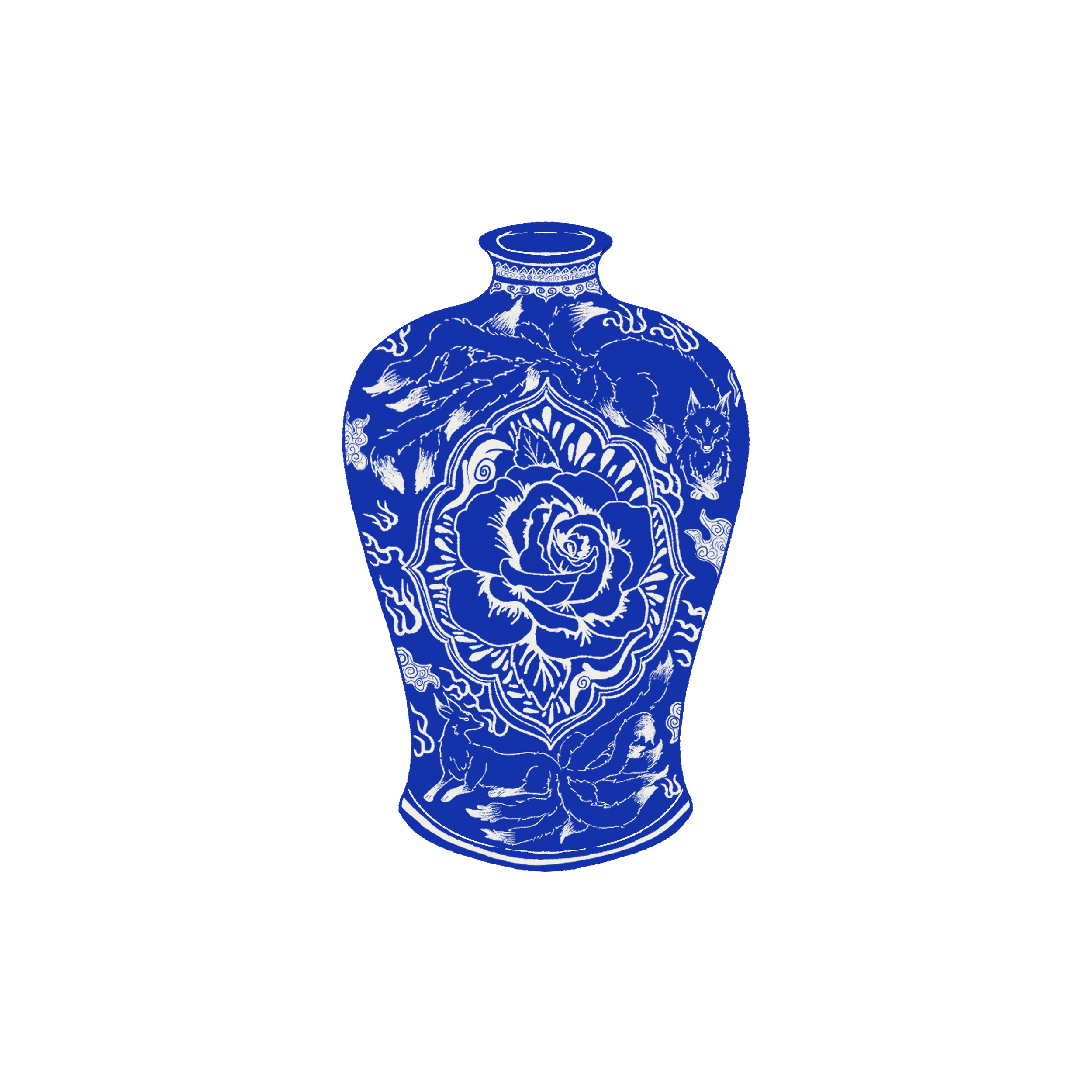 Blue and white porcelain vase with intricate floral and animal designs, placed against a black background.